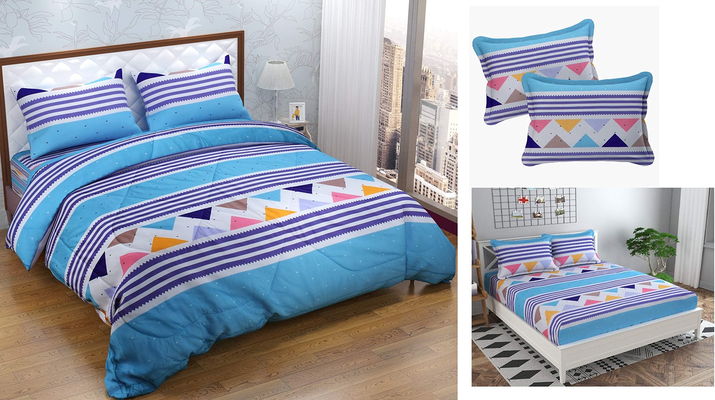 ZWERVE Double Bed Poly-Cotton Stuff Reversible and Light Weight AC Comforter Set and Bedsheet with 2 Pillow Covers - King Size, 4 Pcs