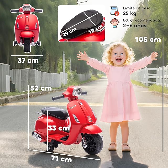Foto 7 de 8 de AIYAPLAY Moto Eléctrica para Niños 6V con Licencia Vespa 2-4 Años Rojo