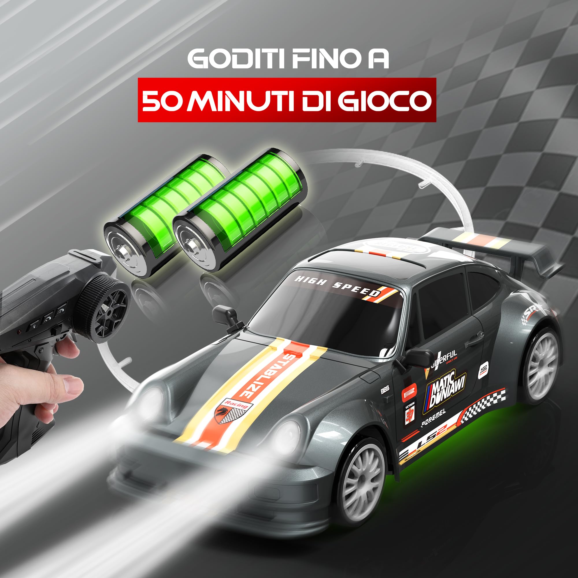 HappyGoLucky Macchina Telecomandata Drift, 1:24 Mini RC Drift Car, 2.4GHz, 10-15KM/H, 4WD Auto Telecomandata con Luce LED, Auto RC Giochi Regalo Bambini 3-12 Anni Maschio - Regali Natale Bambini