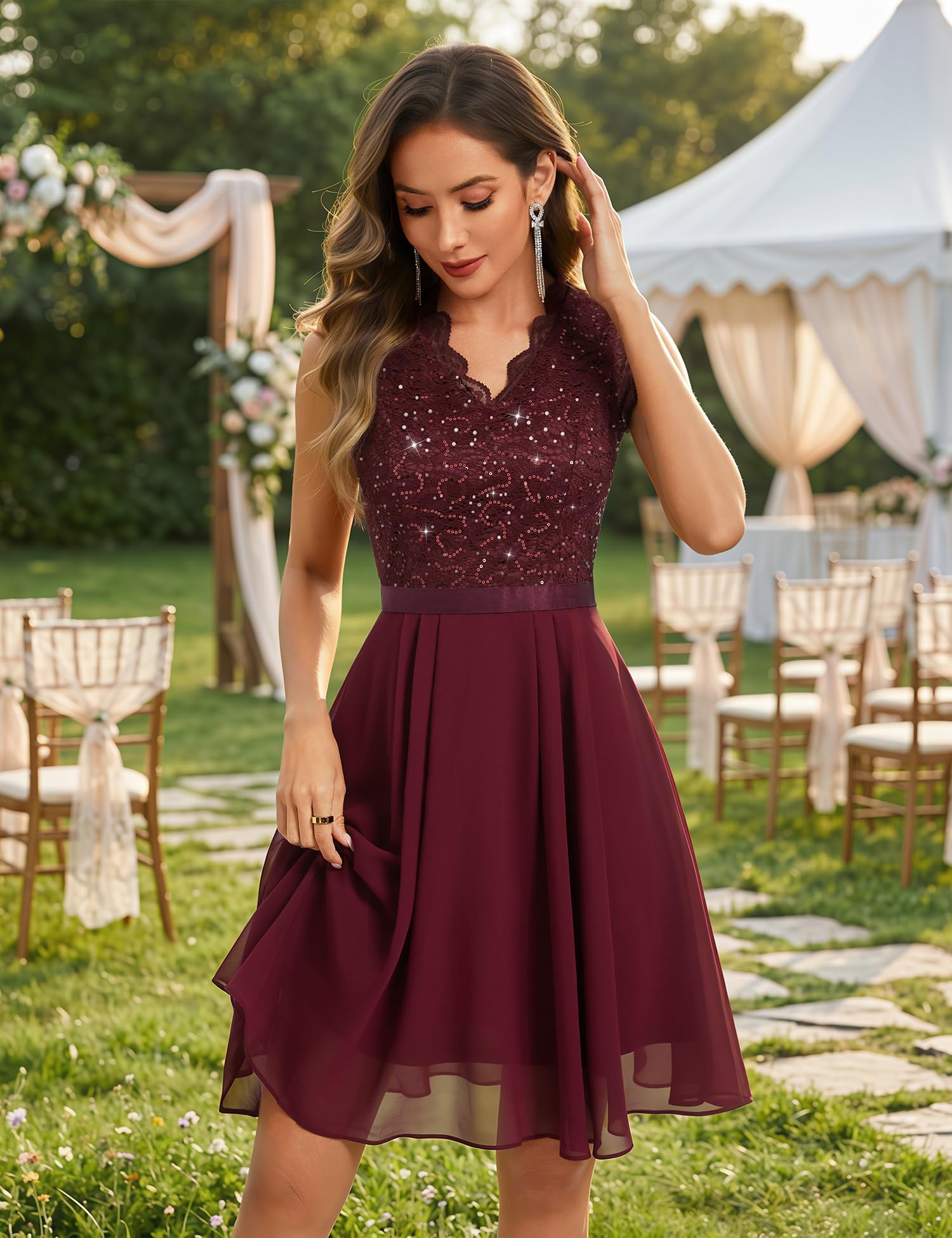 Robe de cocktail à paillettes pour femme - Élégante - Longueur genou - En mousseline de soie - Robe de mariage