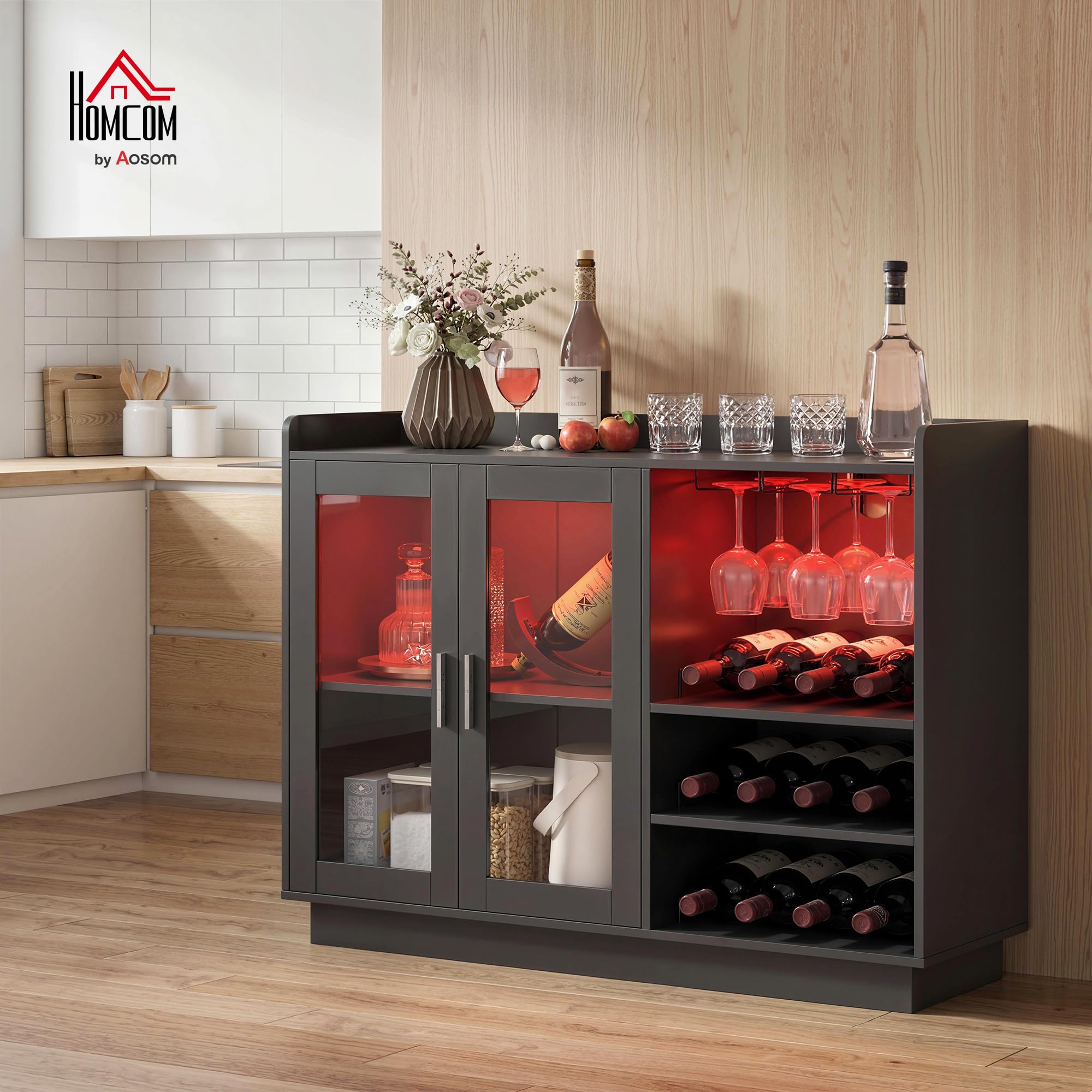 HOMCOM Mobile Portabottiglie con Luci LED RGB e Porta Bottiglie da 12, Cantinetta con Ante Soft Close in Vetro e Ripiano Regolabile per Sala da Pranzo, Cucina e Casa Nero