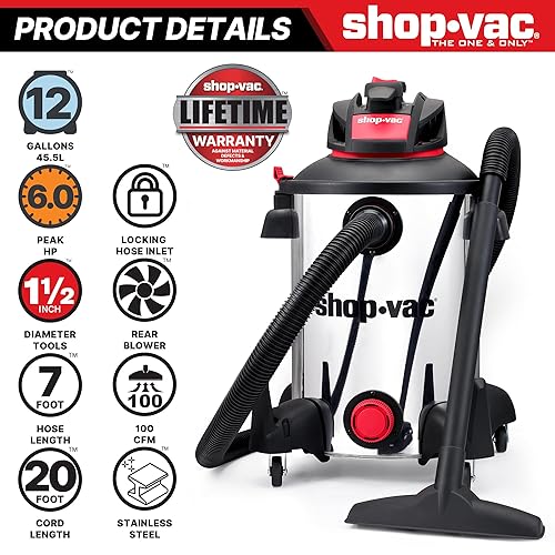 Miniatura 2 de Shop-Vac 5761311 Aspiradora de taller húmedoseco de 12 galones, 6 CV pico, manguera de 1.5 pulgadas de diámetro x 7 pies, cable de 20 pies, ideal