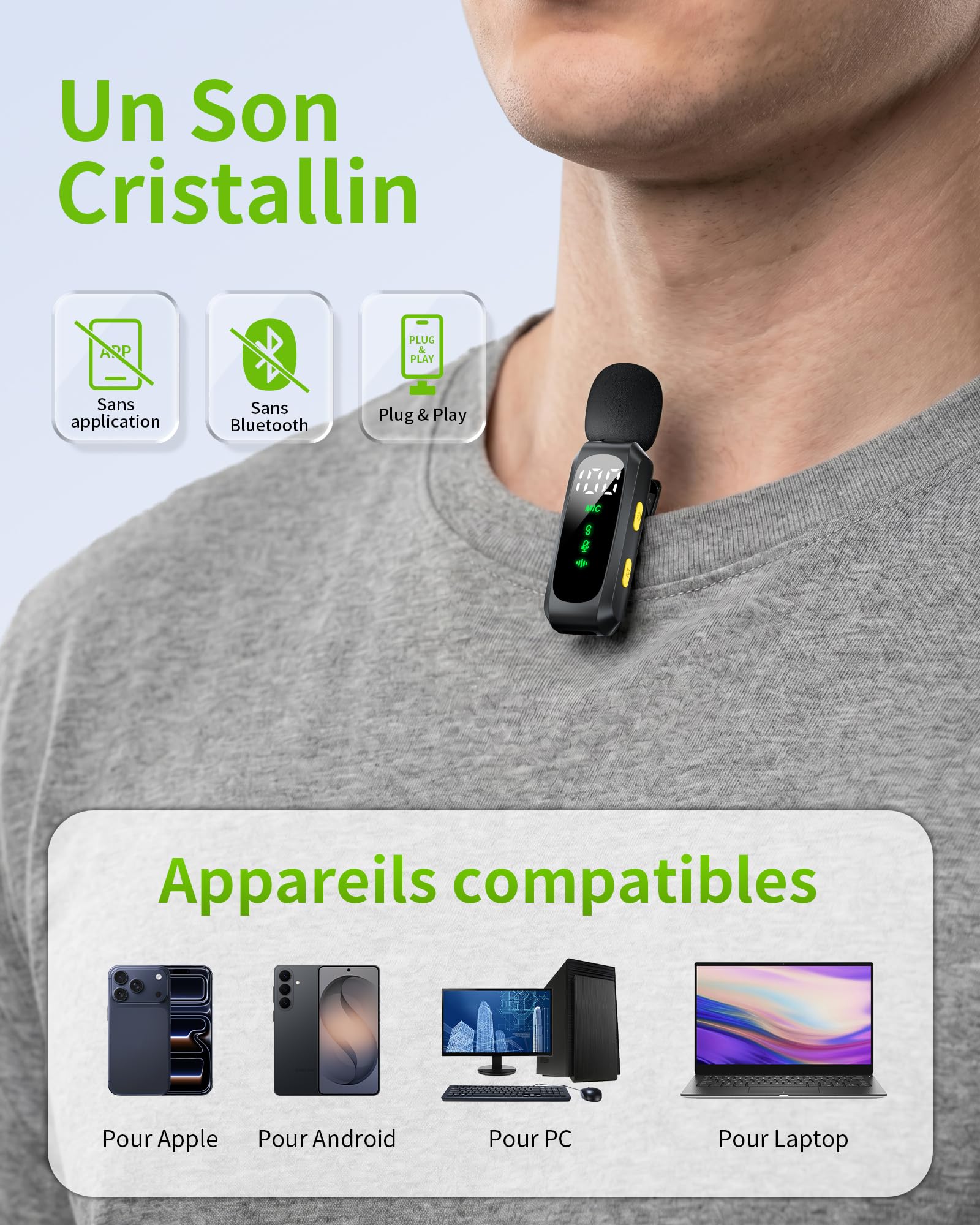 Micro Cravate Sans Fil Mini à Condensateur pour iPhone, Android et PC, Plug & Play avec Réduction du Bruit, Indicateur de Batterie et Bonnette Anti-Vent pour Vidéo, Streaming et Podcast (gris foncé)