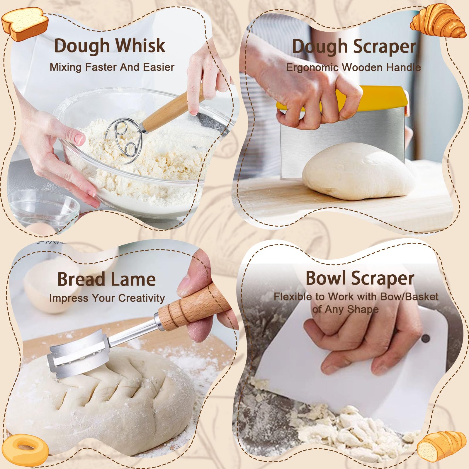 Banneton pour Pain 23cm, 27 Pièces Paniers à Pain Ronds Set avec Grattoir à Pâte, Mélangeur à Pâte, Brosse, Kit de Démarrage de Sourdough pour Débutants, Passionnés de Pâtisserie