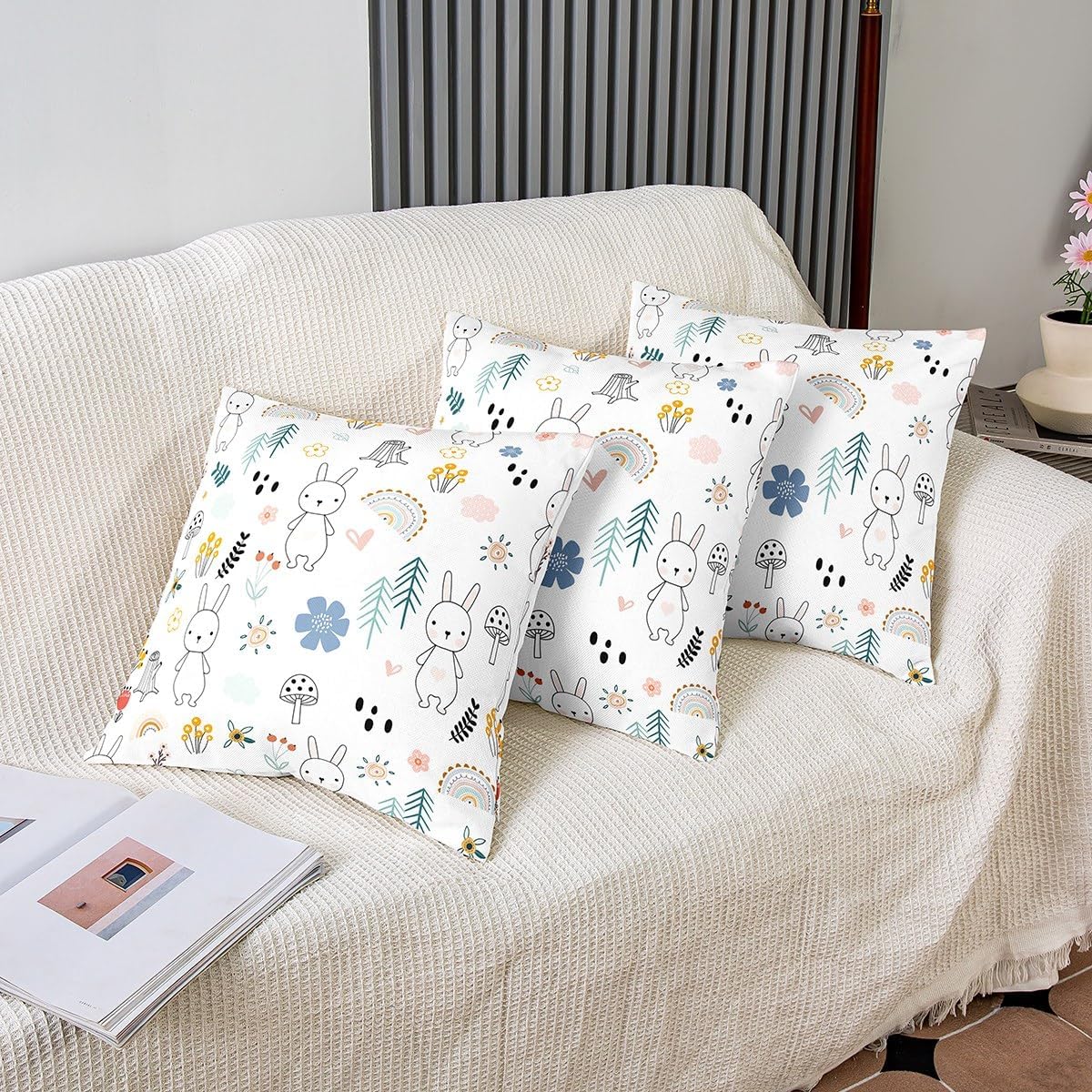 Kids Rabbits Pillow Cover 24X24 Cartoon Rainbow Flowers Pillow Cover for Bedroom Living Room Decor,Cute Rabbits Wild Animals Decorative Pillow Cover Double Sides Print