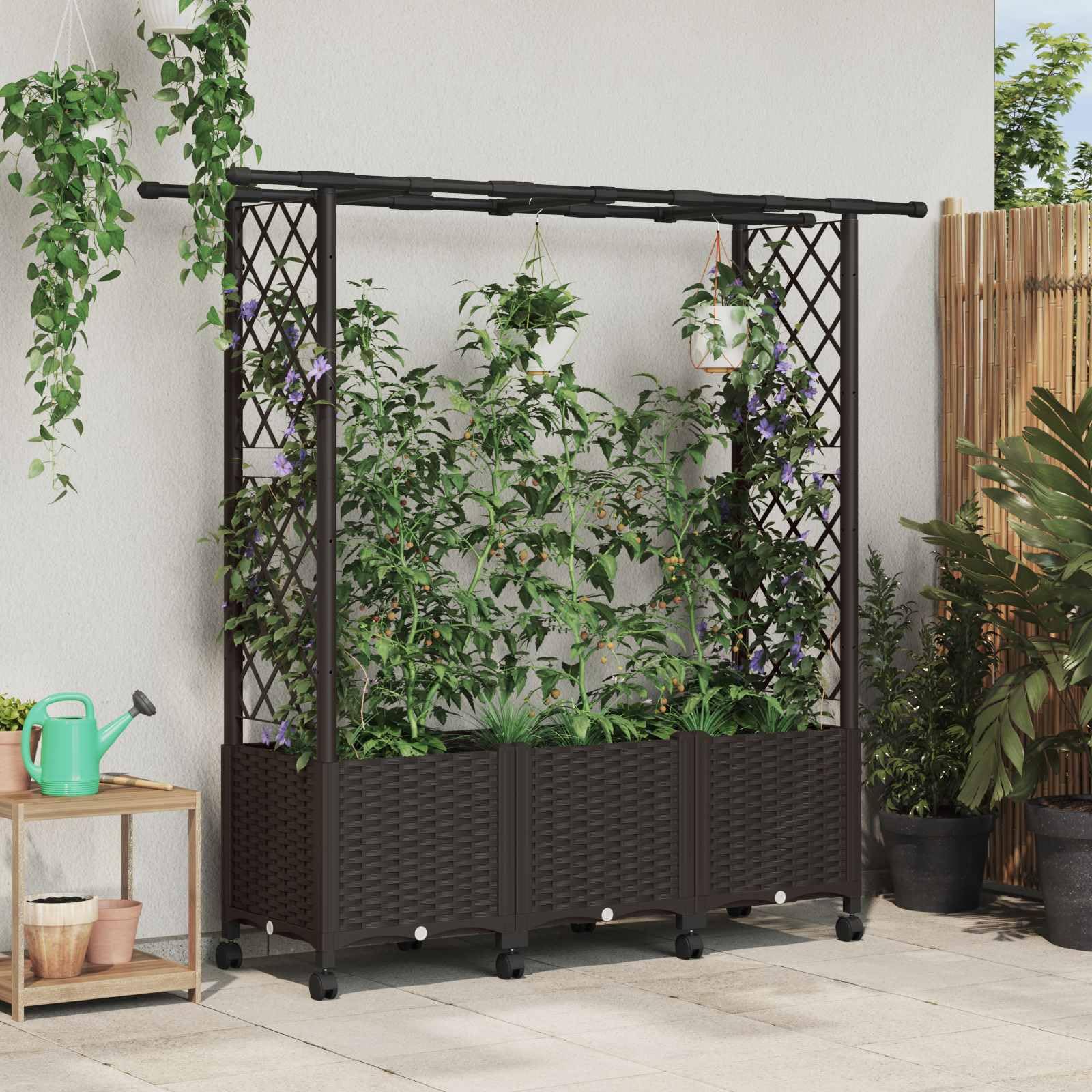 Jardinera con enrejado marrón de polipropileno 162cm con ruedas y drenaje