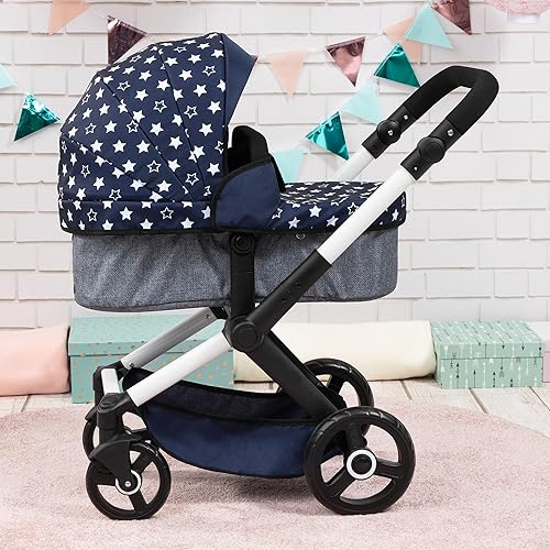 Miniatura 4 de Bayer Cochecito Xeo - Estrellas azules y blancas - Muñecas de hasta 18 pulgadas, bolsa de hombro, convertible en cochecito, mango ajustable,