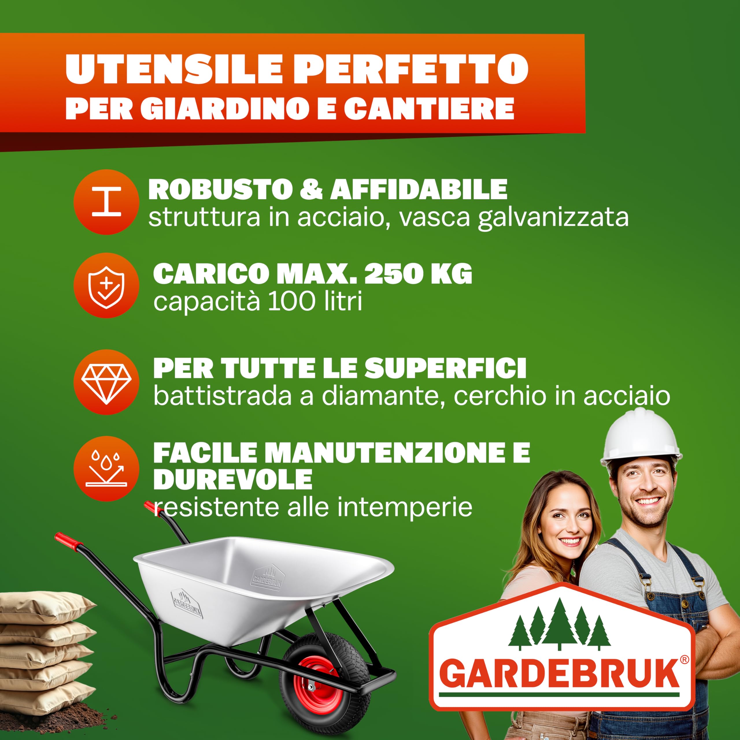 Gardebruk Carriola da Giardino 100 Litri 250kg Acciaio Zincato Manici Gommati Ergonomici Carriole per Fiori Carriola da Costruzione Trasporto Legna