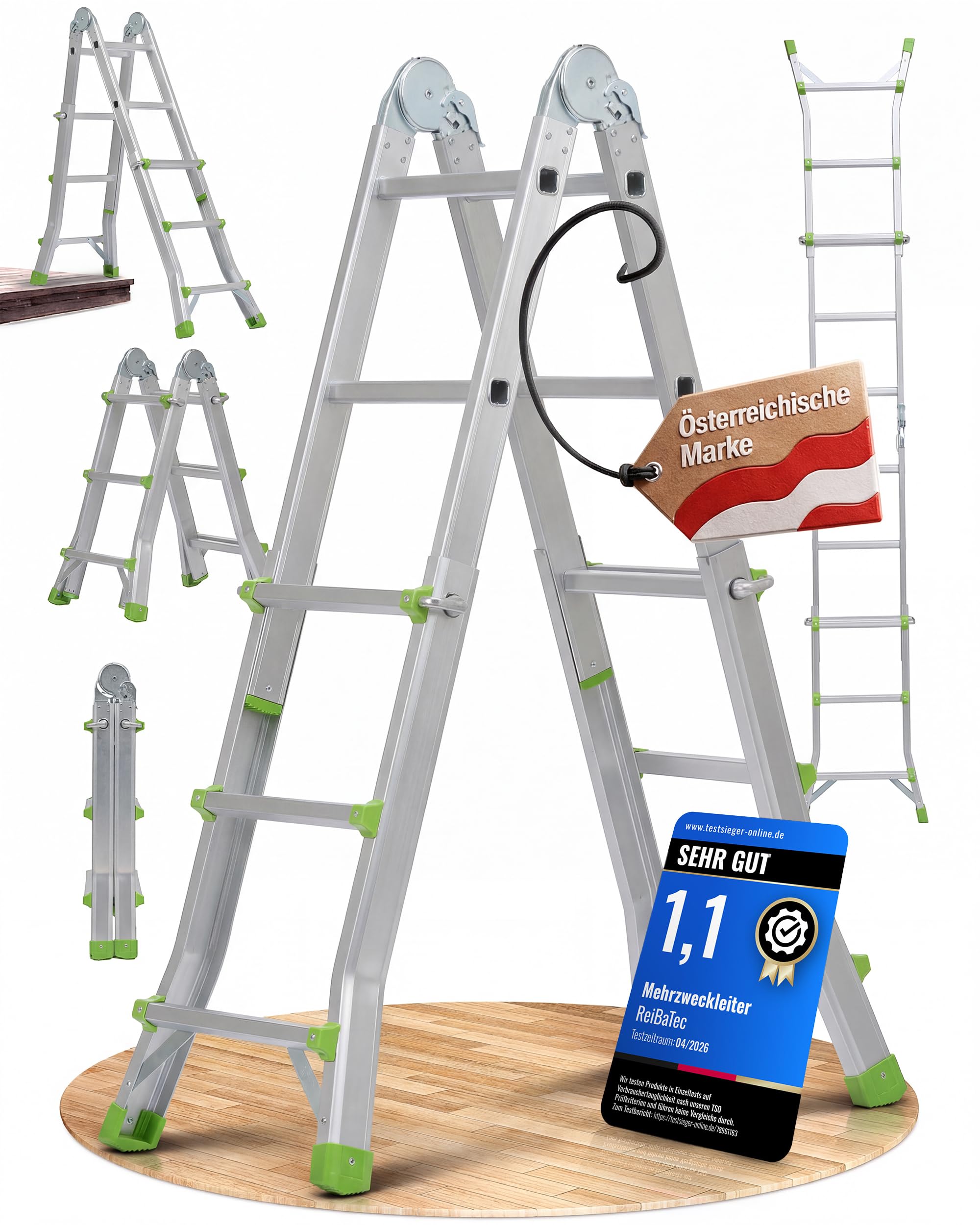 Mehrzweckleiter HomeFlex 4x3 Aluminium [3-in-1] ausziehbare Klappleiter & Teleskopleiter | Stehleiter, Anlegeleiter und Treppenleiter | Ultrakompakt 94 cm nur 8,5 kg bis 286 cm