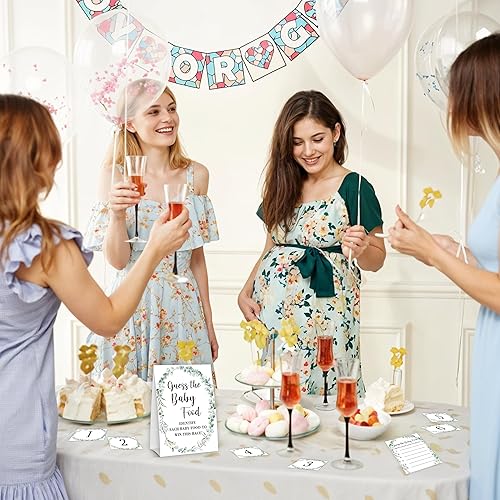 Miniatura 7 de Juego de fiesta de baby shower de arco iris, 1 letrero de pie con 25 tarjetas de respuesta y 6 tarjetas de números, suministros de decoración de