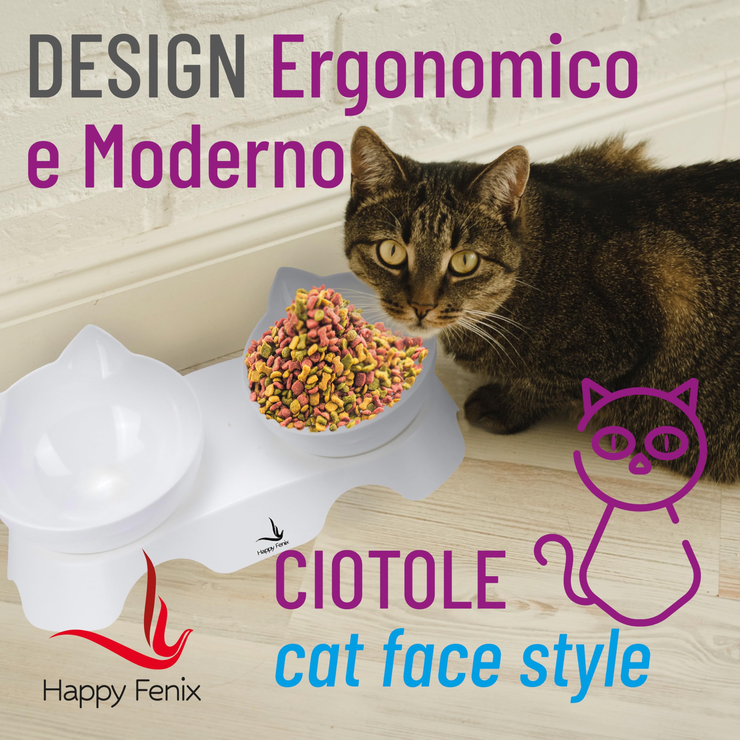 Ciotole Per Gatti in Plastica 2 Pezzi - Eleganti, Resistenti, Antiscivolo e Facili da Pulire - Colore Bianco