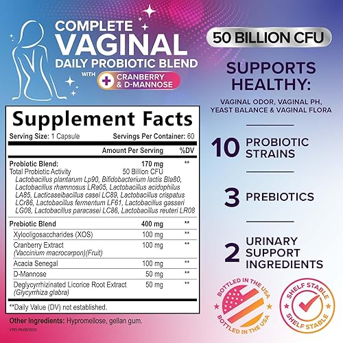 Miniatura 2 de Probióticos vaginales para mujeres, equilibrio de pH con prebióticos, 50 mil millones de UFC, 10 cepas probióticas, arándano, D-manosa y XOS  Olor