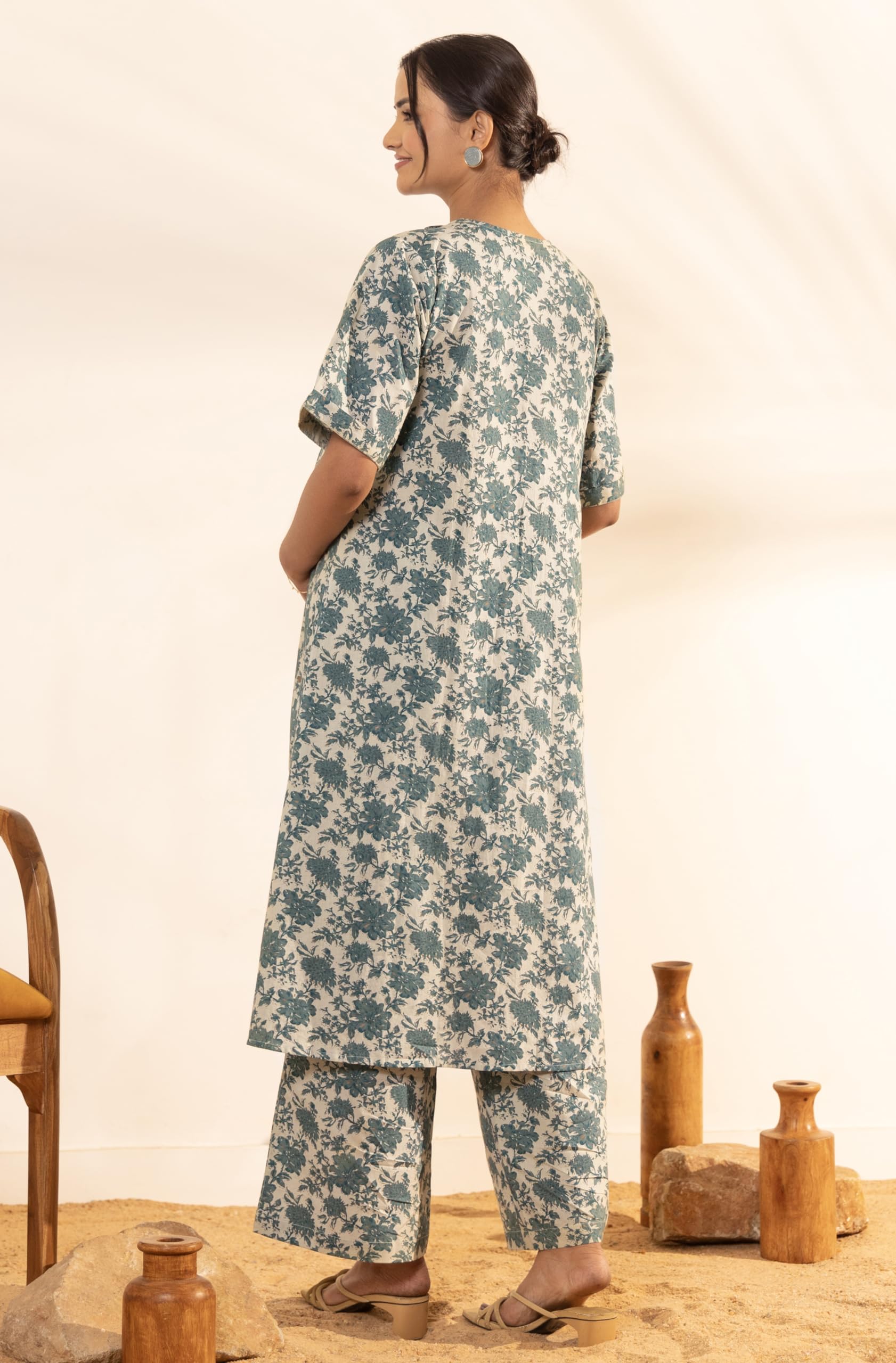 Janasya Women's Beige Pure Cotton Floral Printed Maternity Kurta Set (M21003-KR-PP-L) - Image 3 thumbnail