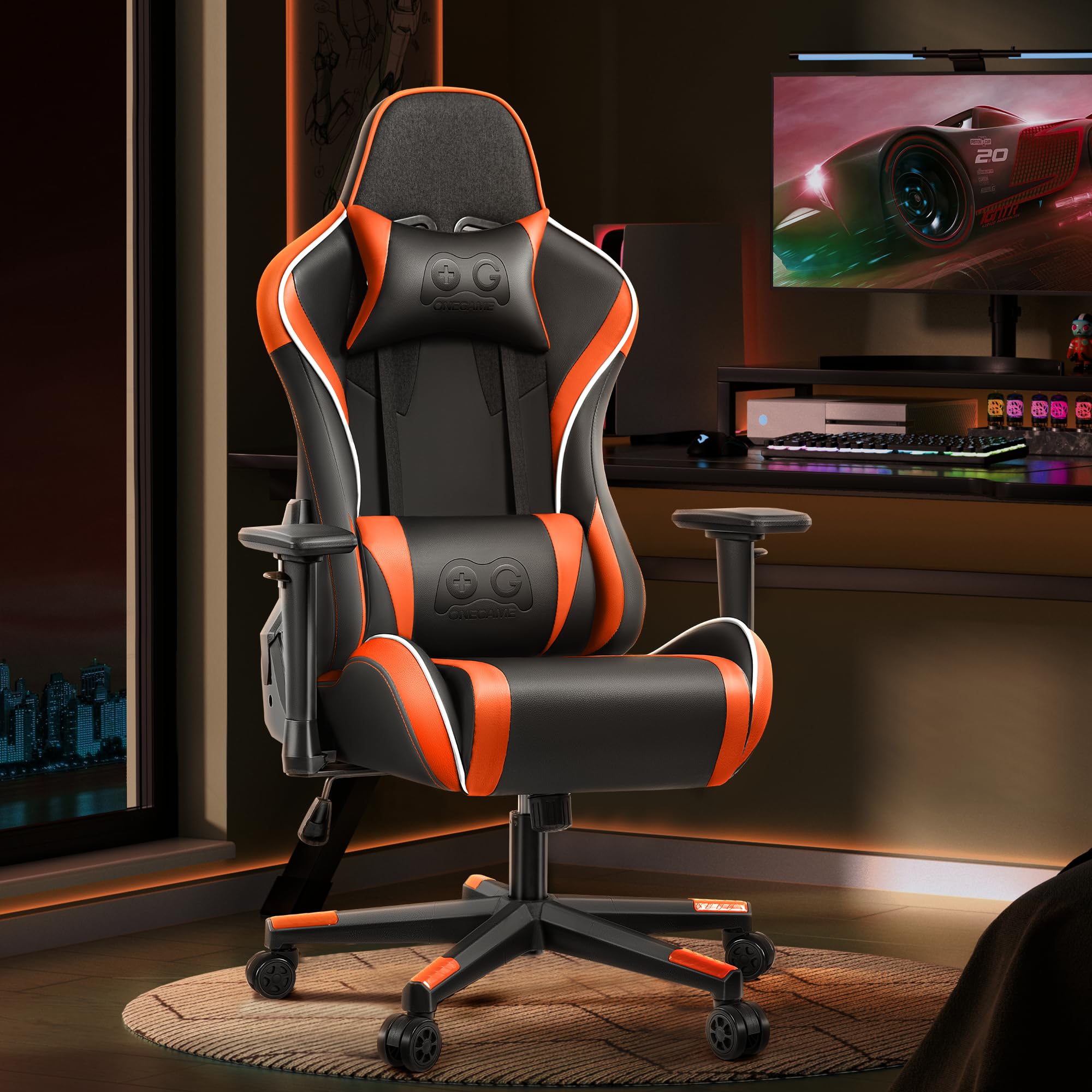 OneGame Sedia Gaming, 3D Braccioli Ergonomico Sedia da Gioco per Computer, Ufficio Regolabile in Altezza, Girevole con Cchienale Regolabile 155°, Arancione