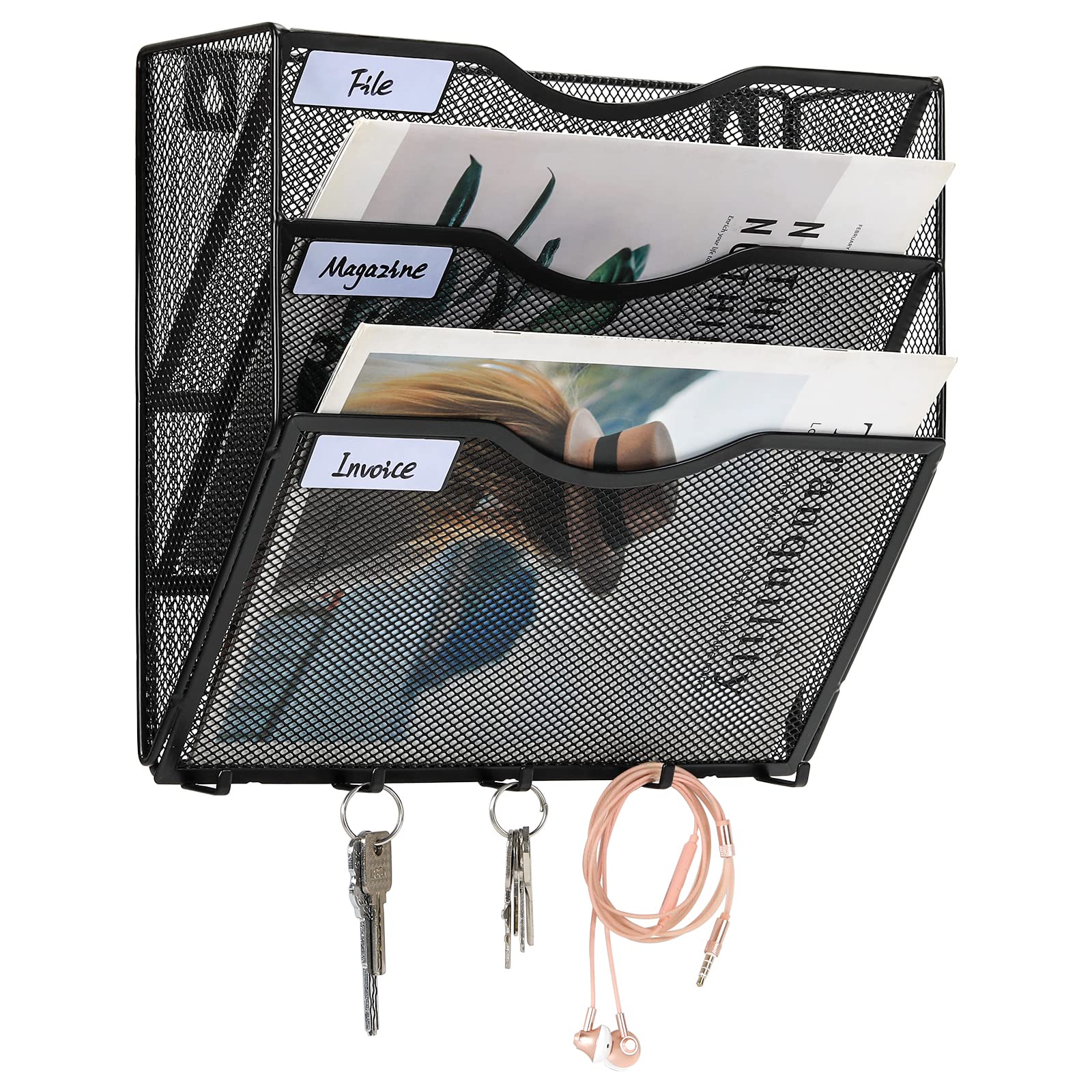 EasyPAG Metal 3 Tier A4 Wall Mounted Document Holder,Hanging Wall File Organiser,Pigeon Holes Storage,Filing Tray,Wall Pocket,Magazine Rack with 5 Hooks for Office & Home,Black