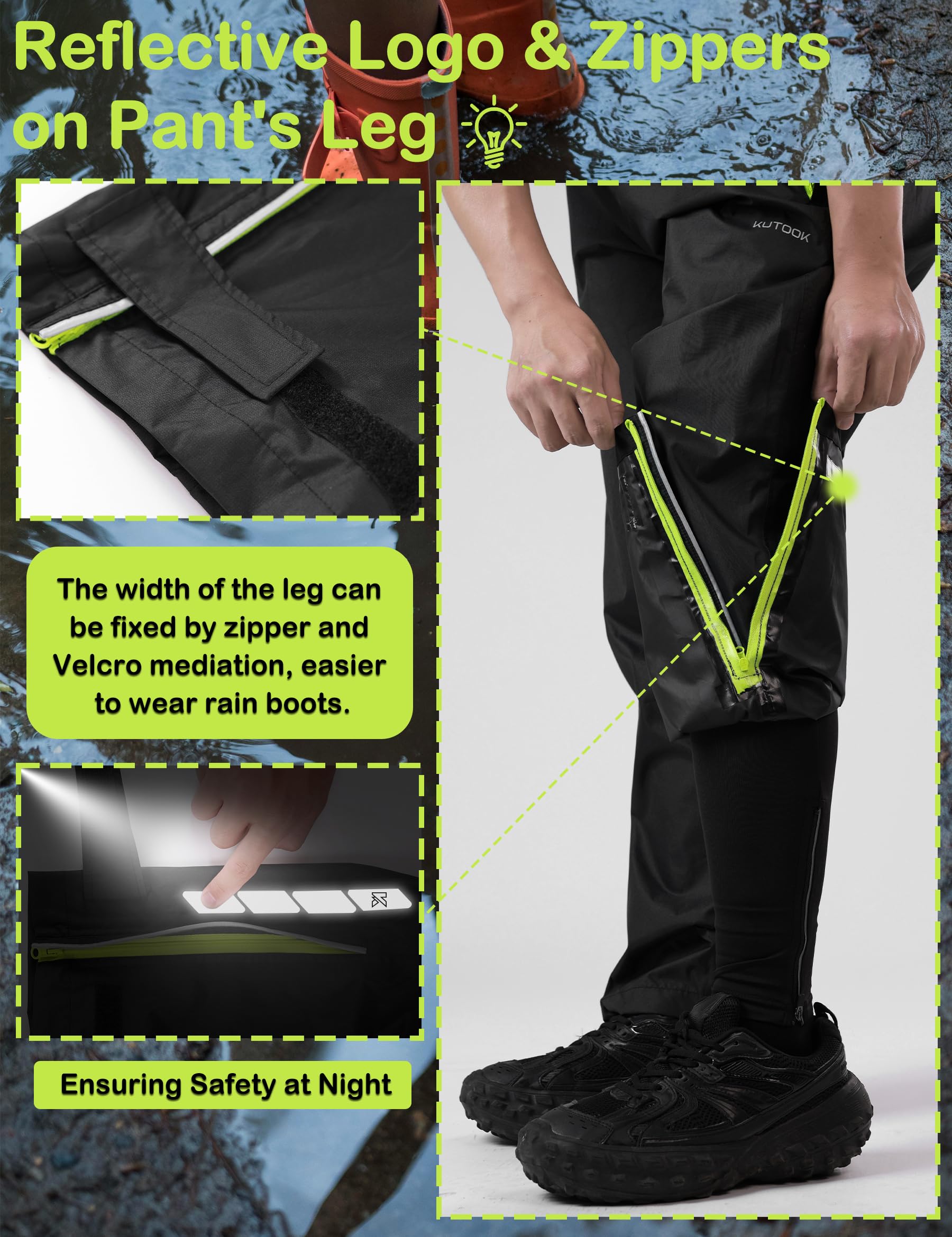 KUTOOK Pantalones Lluvia, Chubasquero Ligeros Hombre, 100% Impermeables,Transpirables, con Costura sellada, para Trekking, Senderismo, Montaña, Golf, Pesca, Ciclismo, Moto RP500