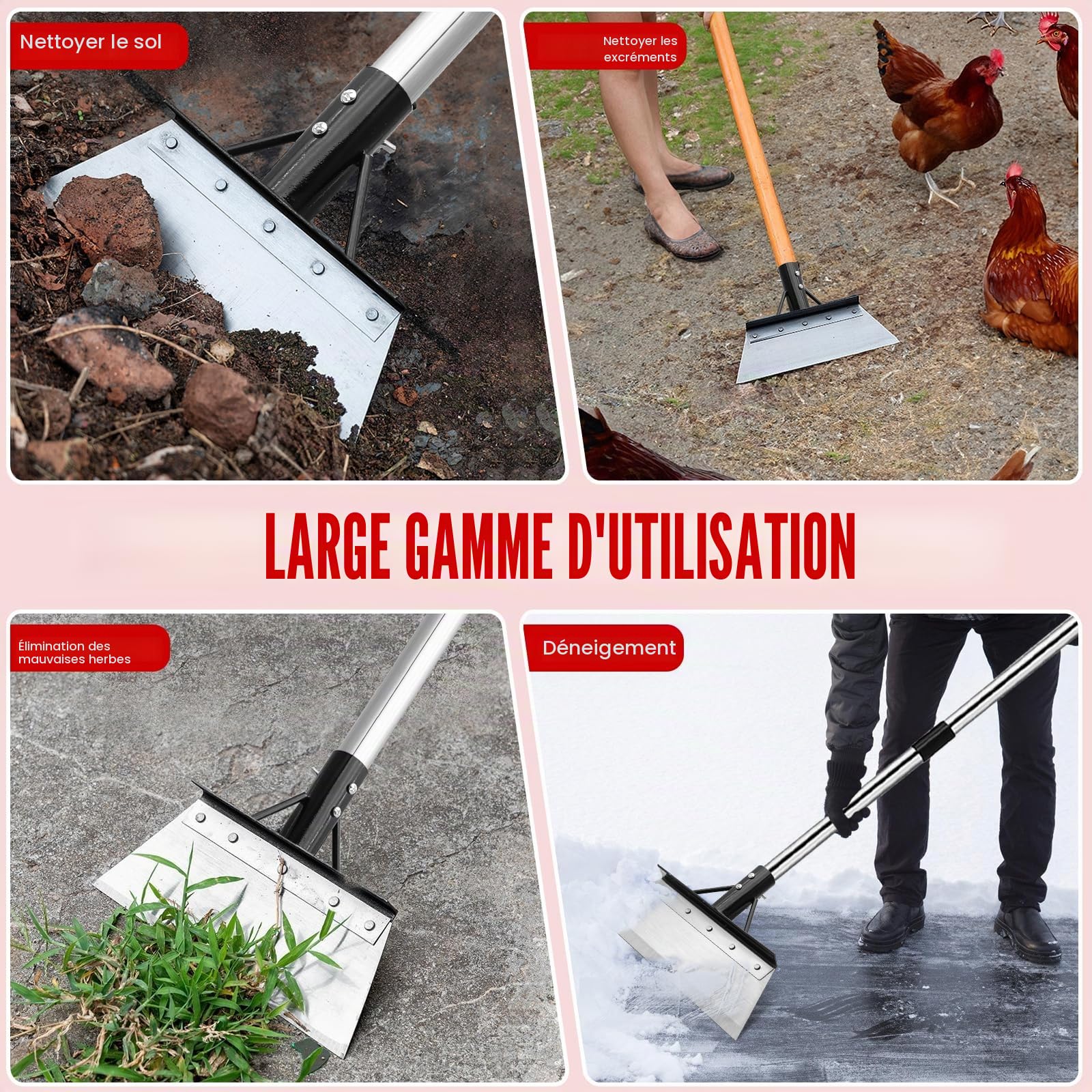 Kit de grattoir de jardin - Lame en acier inoxydable de 21 cm avec manche de 120 cm et gants à 3 sections - Éliminateur de mousse et de glace pour terrasse, allée et neige - Kit de pelle de jardin