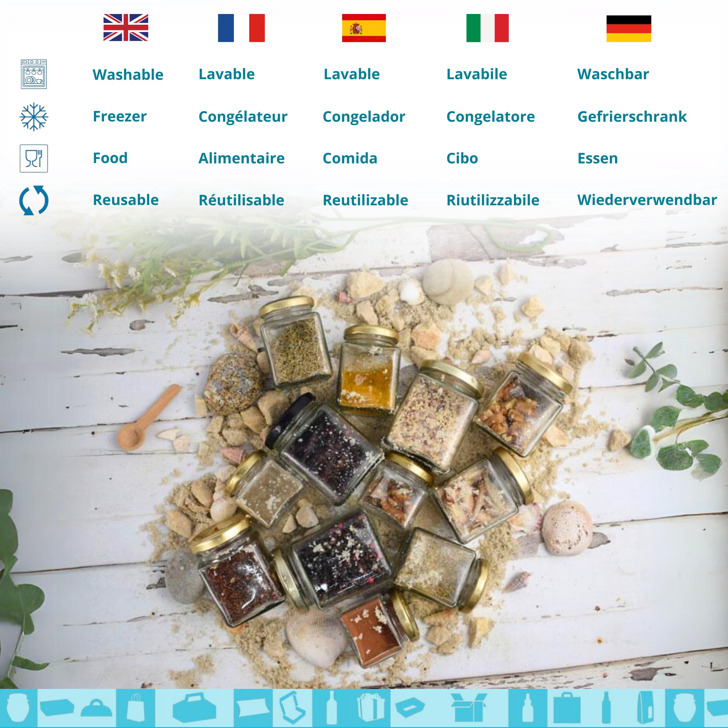 Espirito Rebelde Lot de 20 Pots en Verre Carrés 100 ml avec Couvercle Doré – Bocaux de Rangement pour Épices, Confiture et Yaourt | Cuisine Organisée