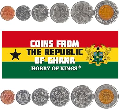 6 Coins from Ghana | Ghanaian Coin Set Collection 1 5 10 20 50 Pesewas 1 Cedi | Circulated 2007-2020 | Cocoa pod | Eagle | Bridge | Shield | Scales of Justice | Blow Horn | Open Book | Pen