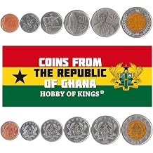 6 Coins from Ghana | Ghanaian Coin Set Collection 1 5 10 20 50 Pesewas 1 Cedi | Circulated 2007-2020 | Cocoa pod | Eagle | Bridge | Shield | Scales of Justice | Blow Horn | Open Book | Pen