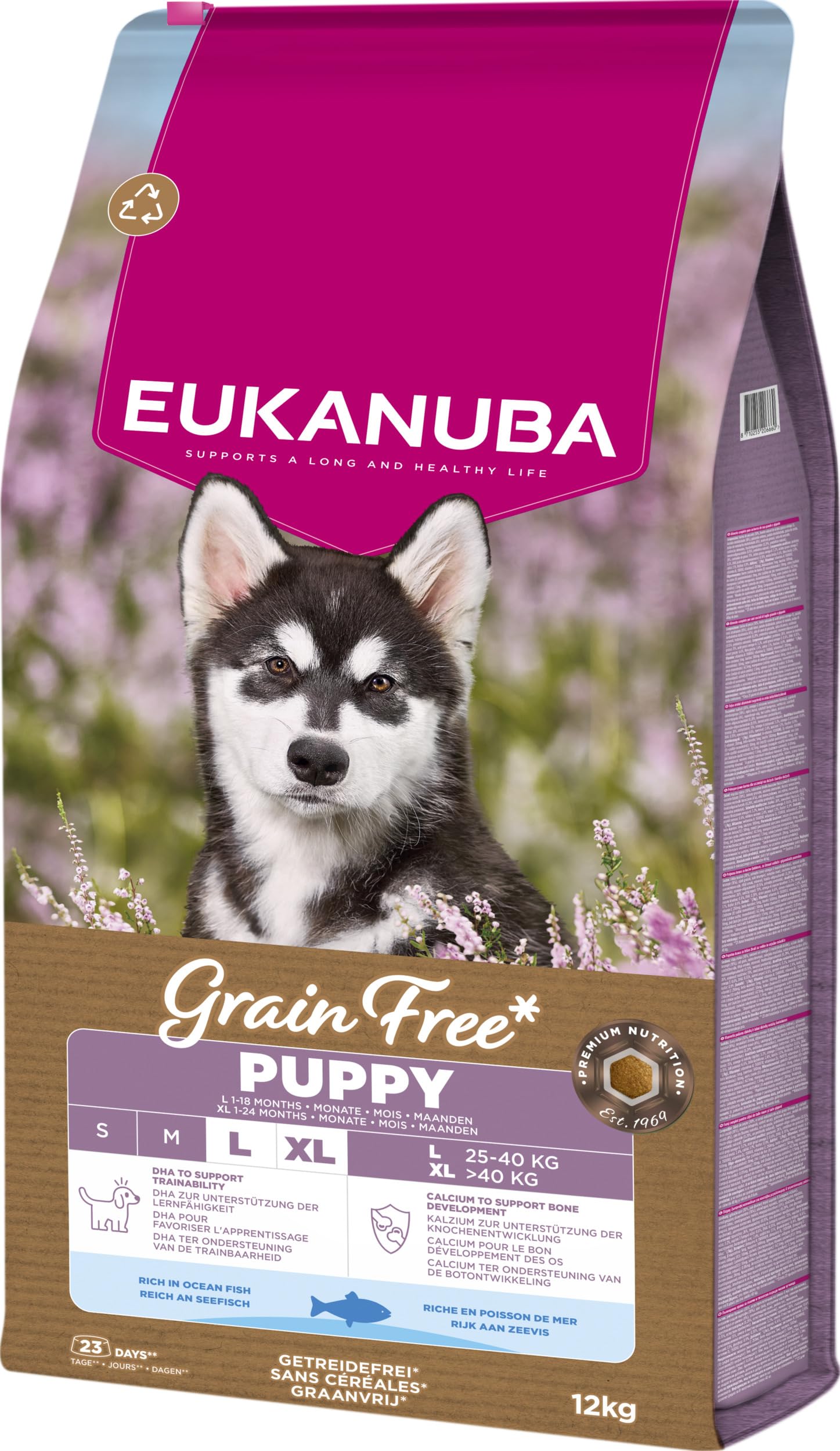 EUKANUBA Cibo secco per Cuccioli senza cereali con pesce per razze di taglia grande - Alimento secco premium privo di cereali per Cani giovani, 12 kg