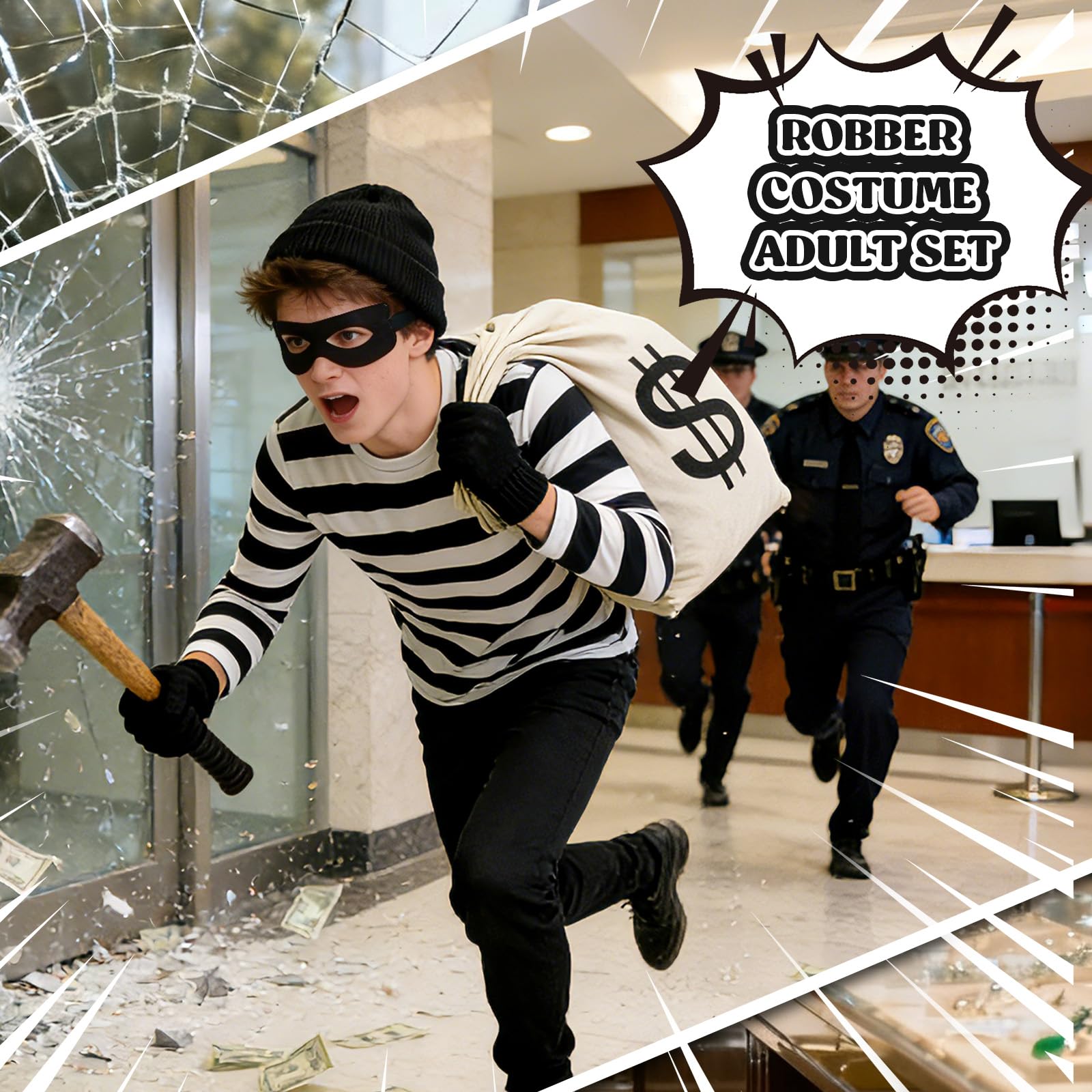 Dazzroi 6pcs Burglar Costume Set for Adults Robber Fancy Dress with Black and White Striped T-Shirt Beanie Hat Eye Mask Gloves Money Bag Banknote for World Book Day Halloween Cosplay Theme Parties - Image 4