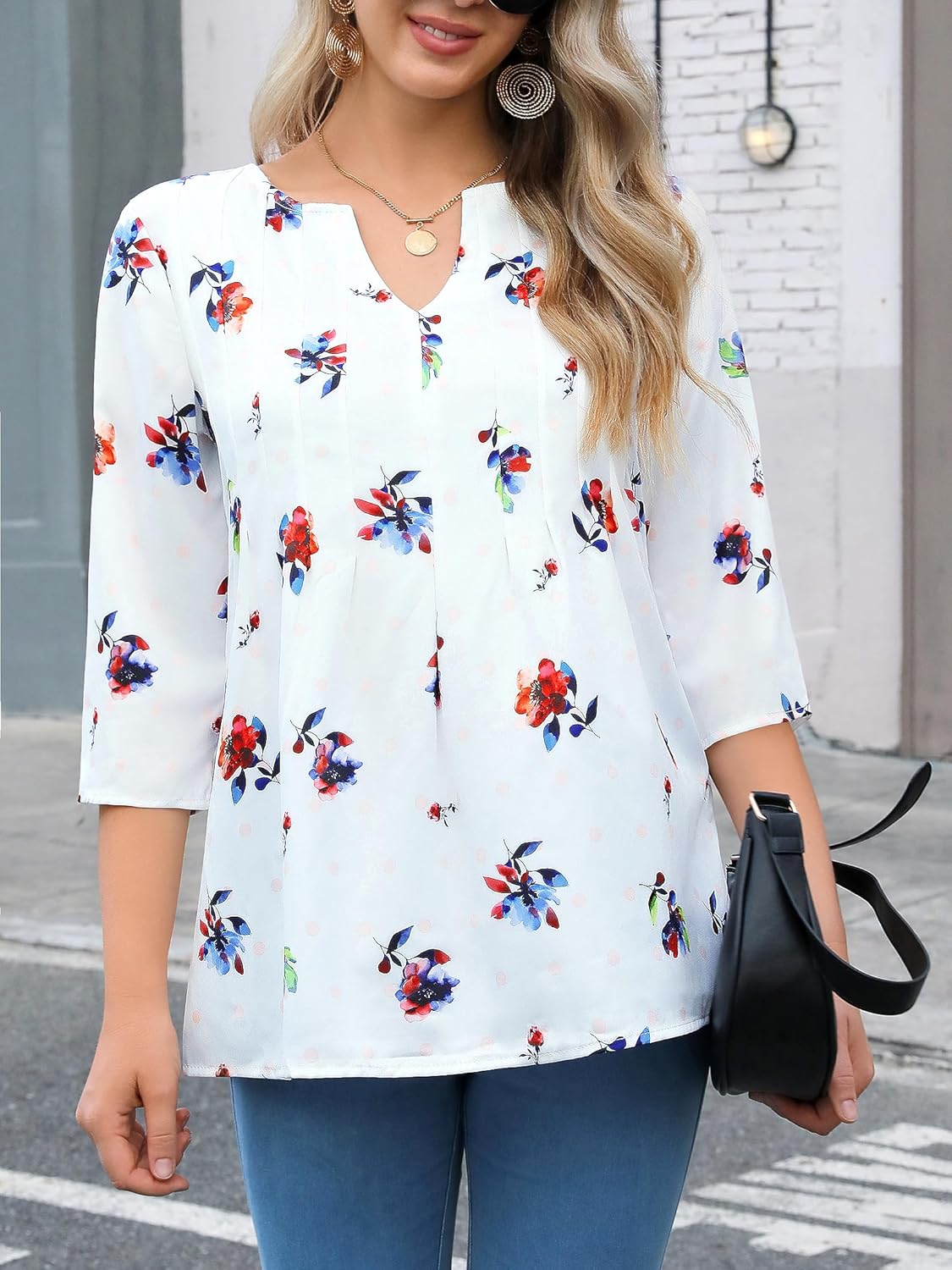 WLLW Womens Floral Printed 3/4 Sleeve Blouses Summer Pleated Front Tunic Tops V Neck Loose Fit Flowy Shirts - Image 5