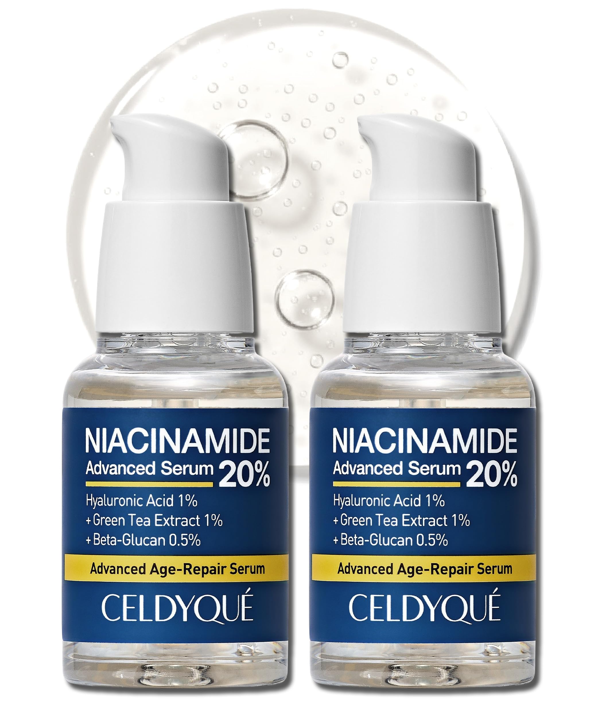 CELDYQUE Niacinamide Advanced 20% Face Vegan Serum w/Vitamin B3 Green Tea Beta-Glucan Damask Rose 63% No-Scent Even Skin Tone Minimize Pores Plump Fine Lines 2 Fl Oz