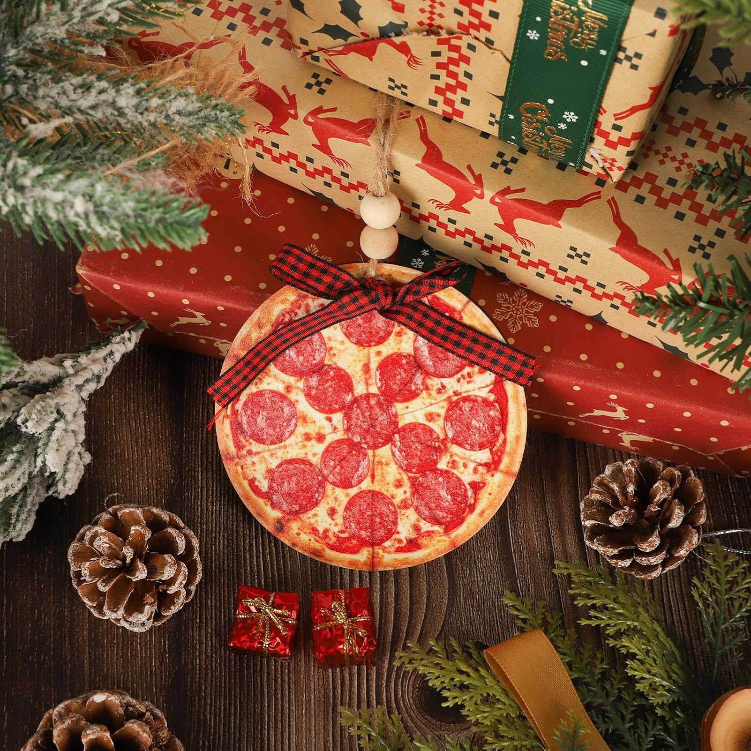 Pizza Ornaments for Christmas Tree, Wooden Pizza Christmas Ornament 2025 for Food Lovers Gift, Food Hanging Ornament for Tree Decoration - Image 4