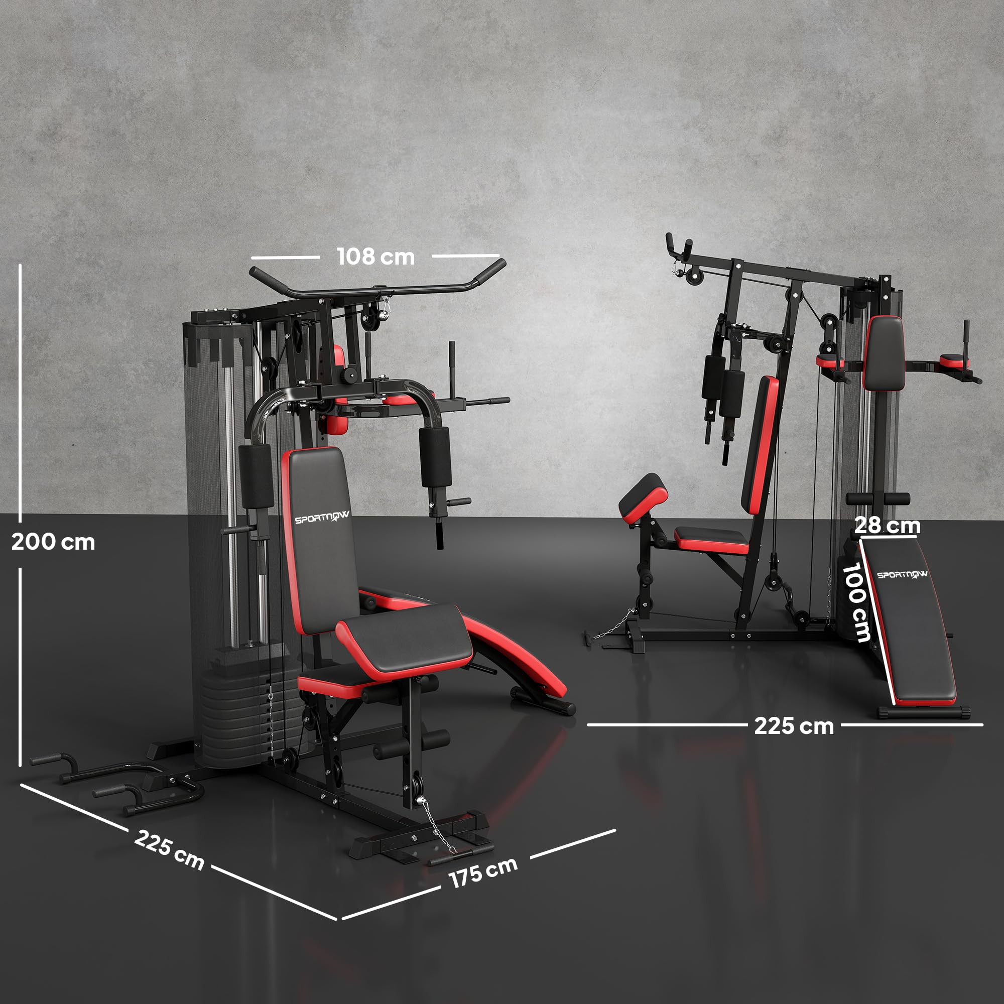 SPORTNOW Station Multi Gym avec Poids de 65 kg, Équipement de Musculation avec Banc pour Abdominaux, Support pour Pompes, Station de Dips, Réglable, pour Entraînement Complet