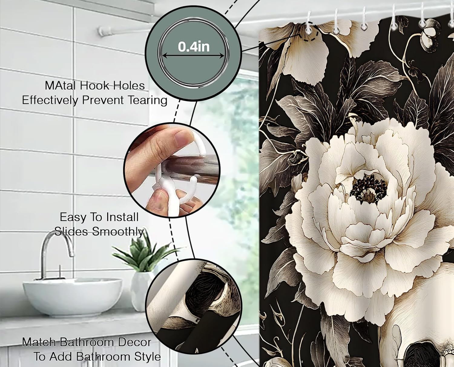 Skull Floral Extra Long Shower Curtain,Gothic Skeleton Flower Vintage Halloween Spooky Black Cream Bathroom Home Curtain Decor with Hooks,70x84 Inch