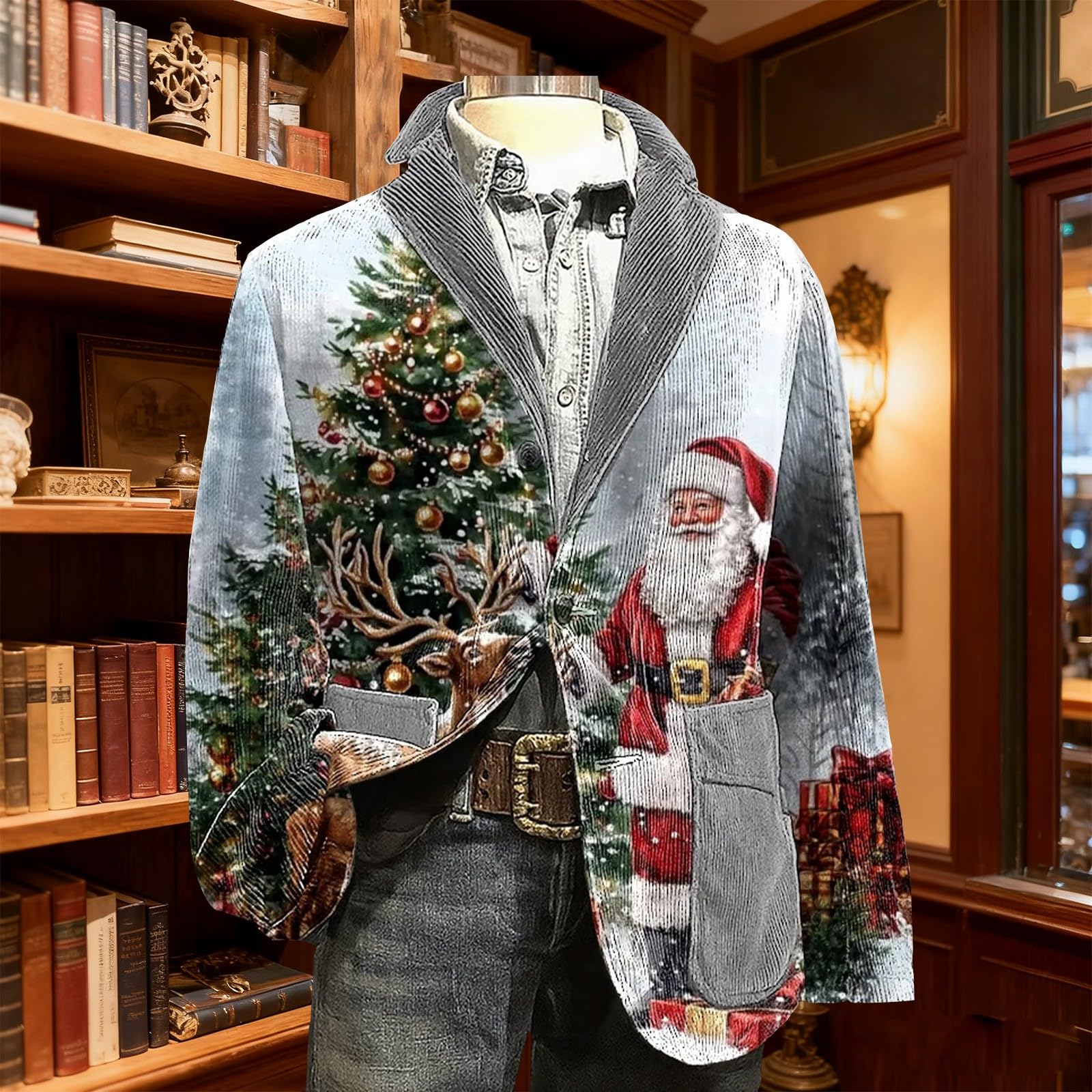 Świąteczna kurtka sztruksowa męska vintage Santa Claus Choinka Kurtki z guzikami z długim rękawem Klapa Kurtki na co dzień Świąteczne płaszcze robocze Śmieszne sukienki świąteczne