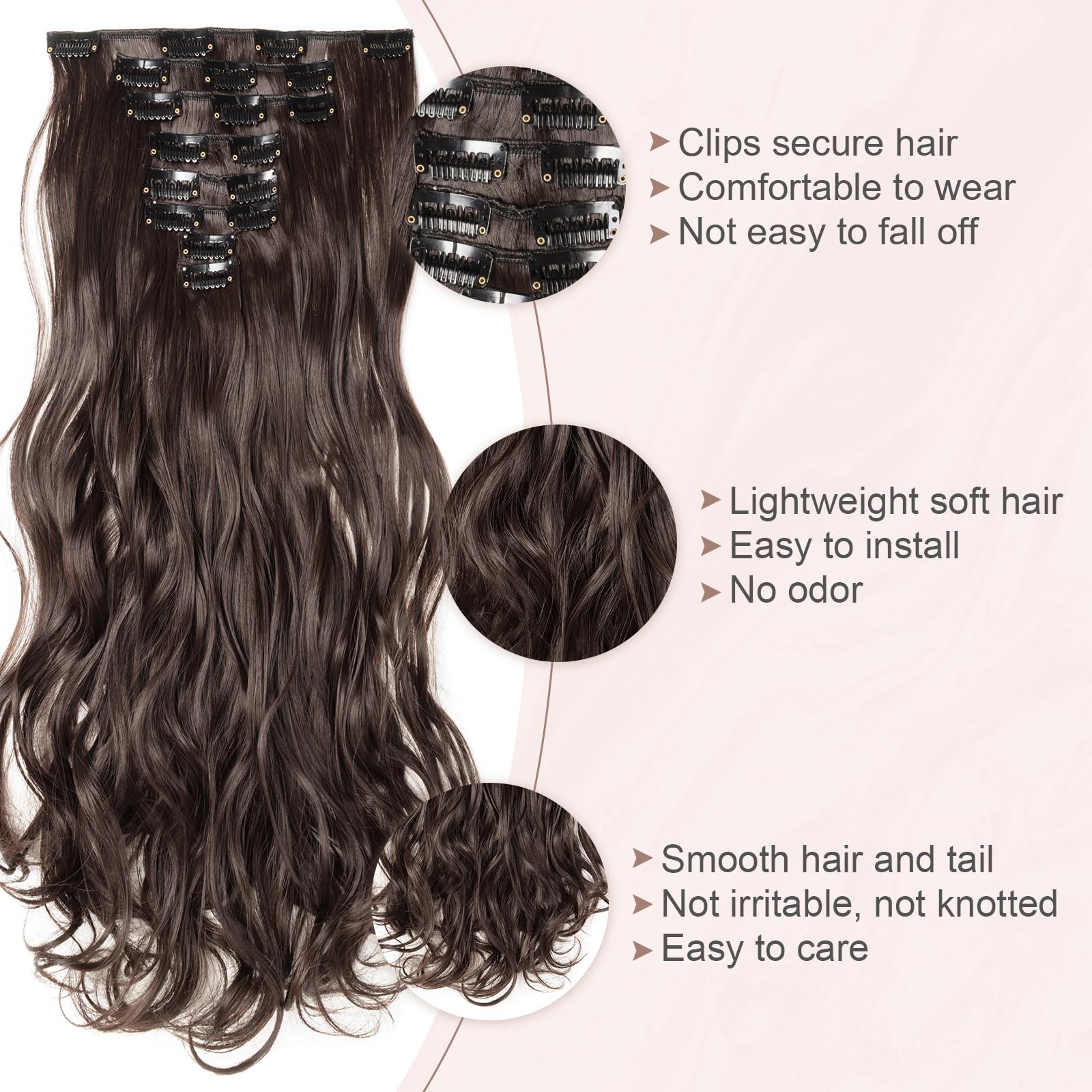SEGOHAIR Hair Extensions Clip in 8Pcs 18 Clips Synthetic Fiber Seamless 17" Long Curl Full Head -Dark Brown - Image 4