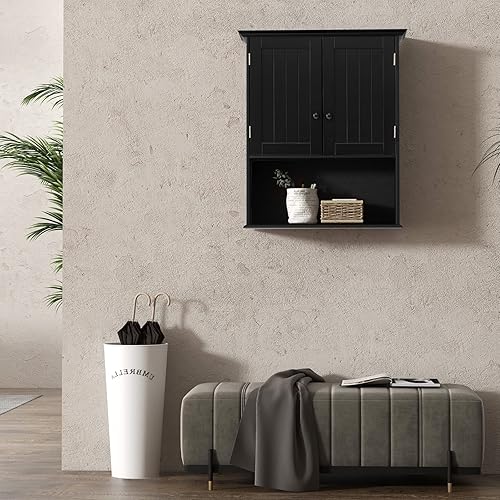 Miniatura 9 de COSTWAY Armario de baño montado en la pared, gabinete de almacenamiento sobre el inodoro con puertas dobles y estante ajustable, botiquín colgante