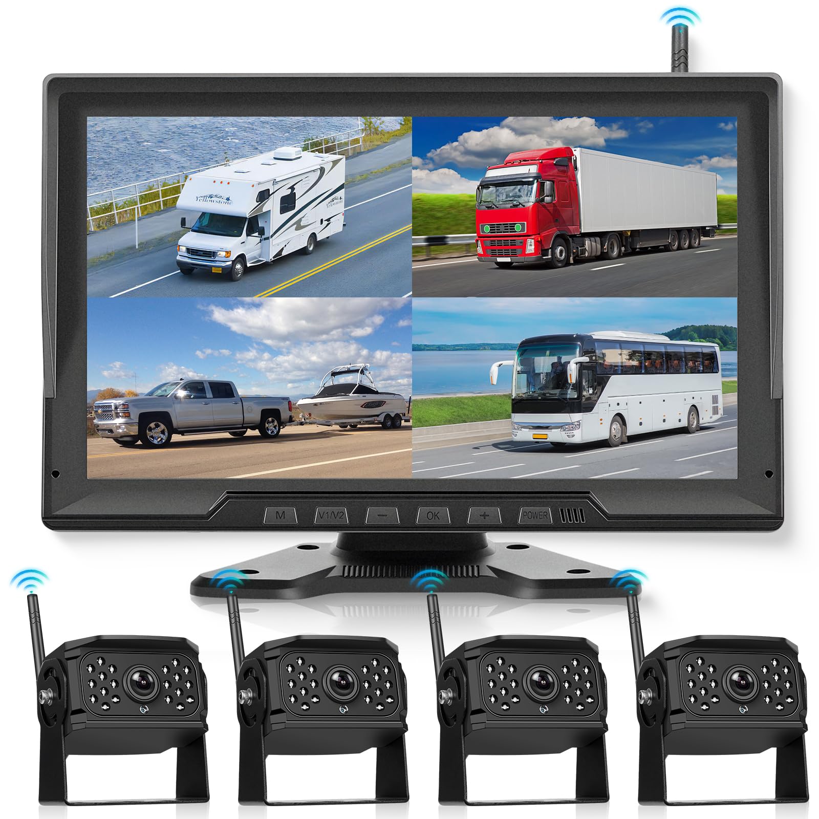 Zestaw bezprzewodowej kamery cofania, monitor 10,1", 4 kamery cofania z wodoszczelnością IP68, widoczność w nocy, nagrywanie DVR, BSD do samochodów ciężarowych, przyczep, transporterów, autobusów