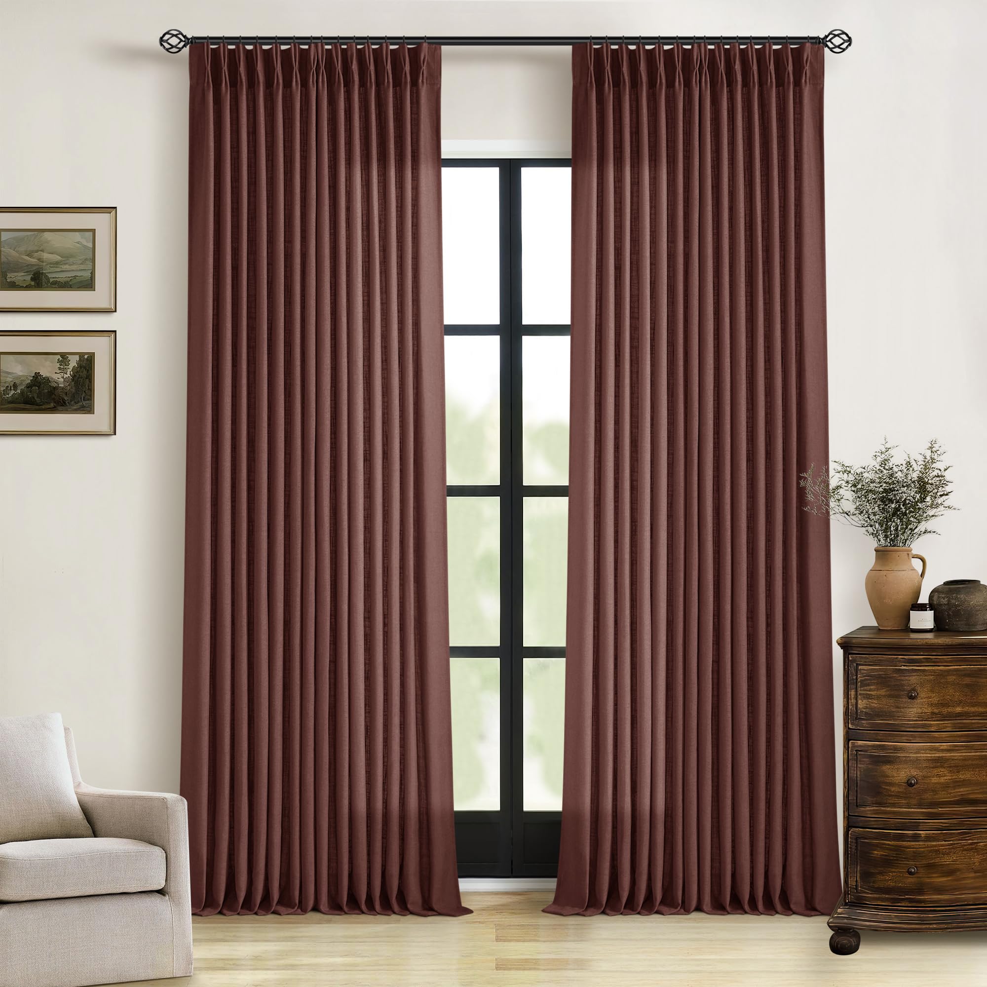 Linen Pinch Pleated Memory Trained Curtains Reddish Brown 96 Inches Long