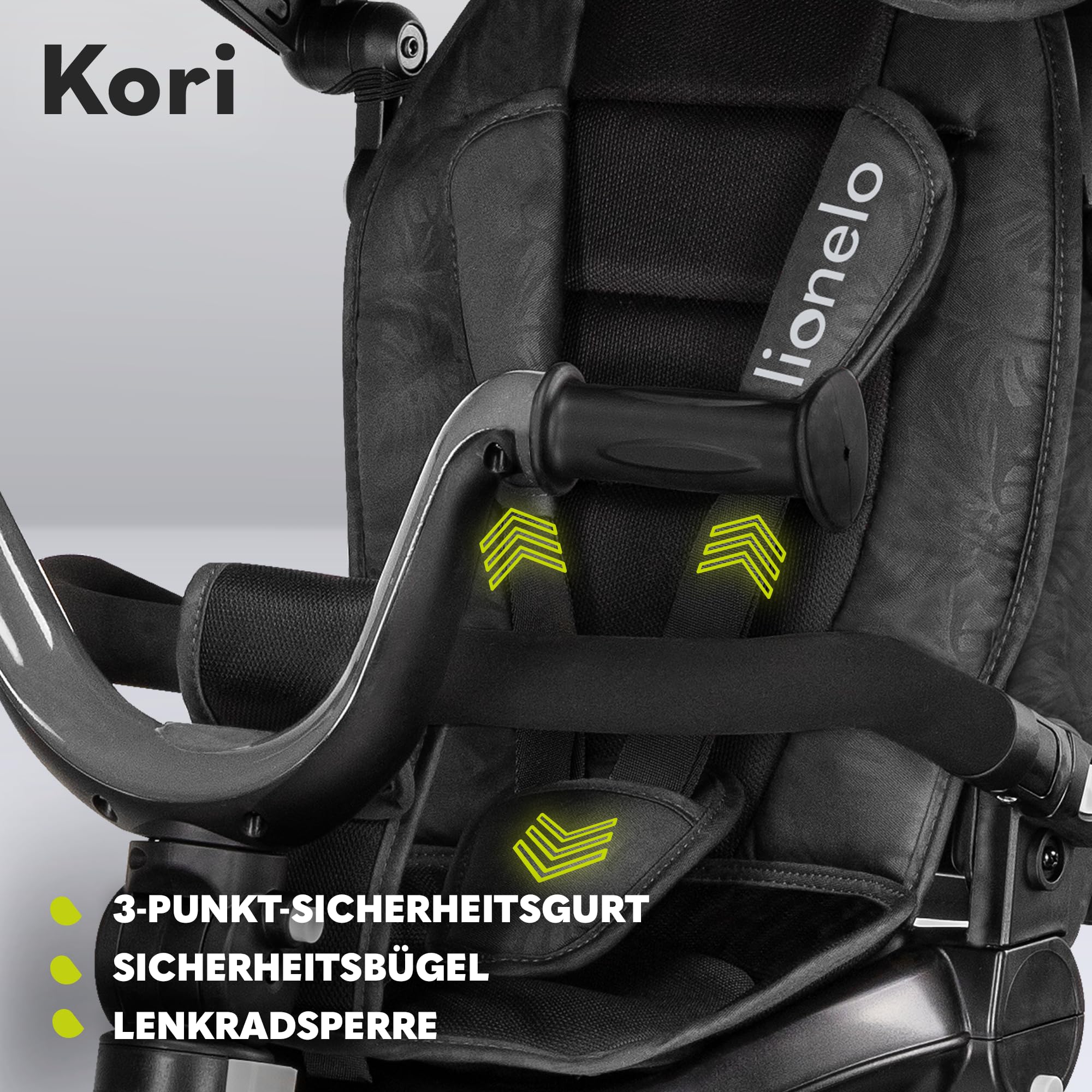 Lionelo Kori Dreirad mit Schubstange für Kinder ab 1,5 bis 5 Jahre, drehbarer Sitz, Magnesium-Rahmen, wartungsfreie Gummiräder, freies Rad, abnehmbares Vordach, 55 x 80 x 56 cm