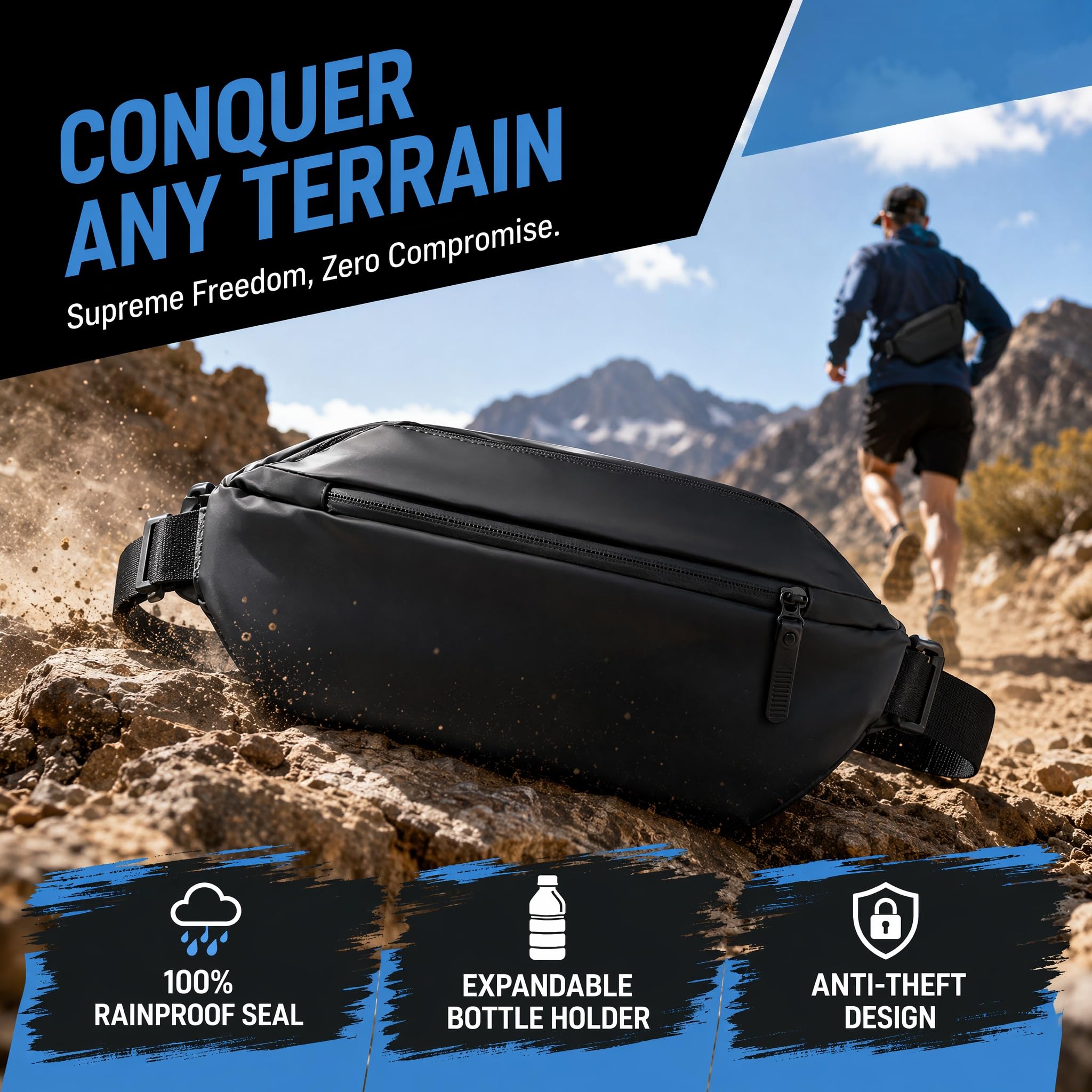 Riñonera Hombre Mujer,Riñonera con Bolsillos para Botella,4 Bolsillos Correa Ajustable para el Hombro Riñoneras Hombre Impermeable para Senderismo Ciclismo Running Viajar (Negro)