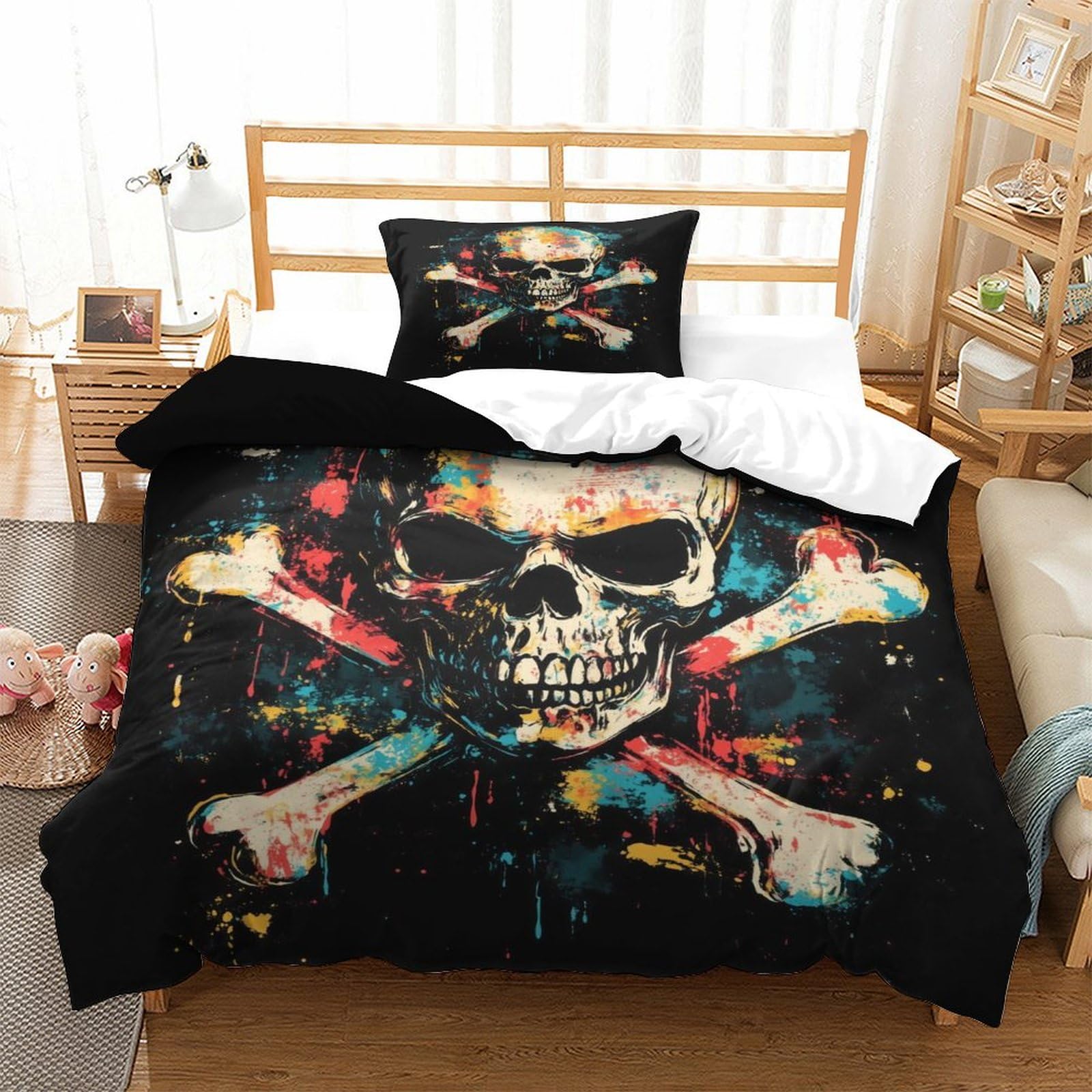 P1S9U7W5Y Graffiti Skull 3D Printed Microfiber 3pcs Duvet Cover Set Dark Skull Bedding Set Single（135x200cm）