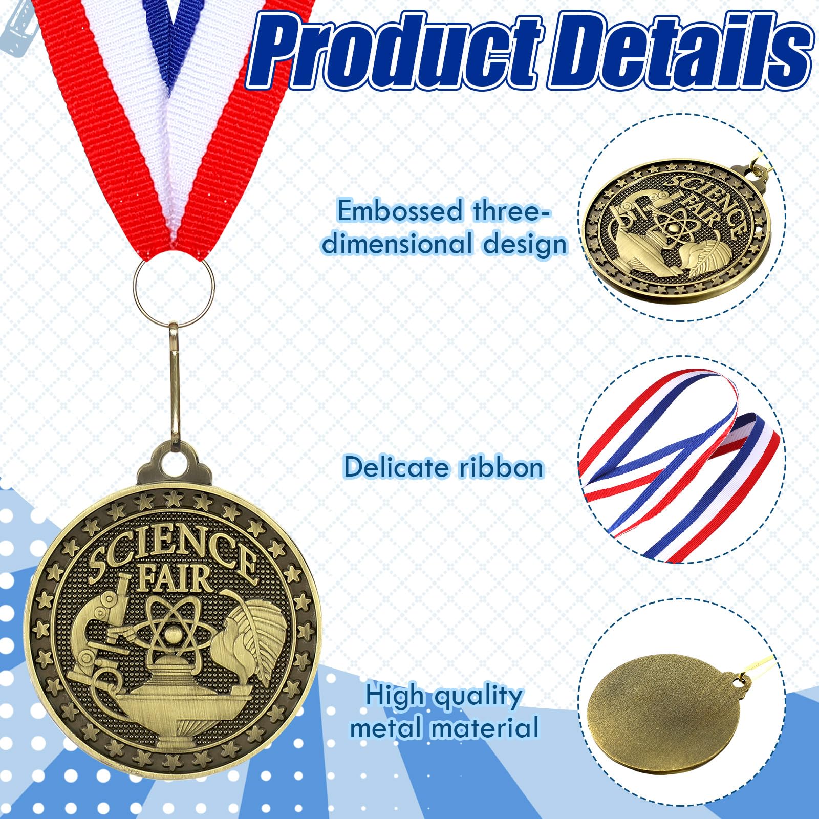 Landical 30 medallas de premio de proyecto de feria de ciencias con cintas para el cuello, trofeo de metal a granel, premios de oro, regalo para ganadores de competiciones educativas