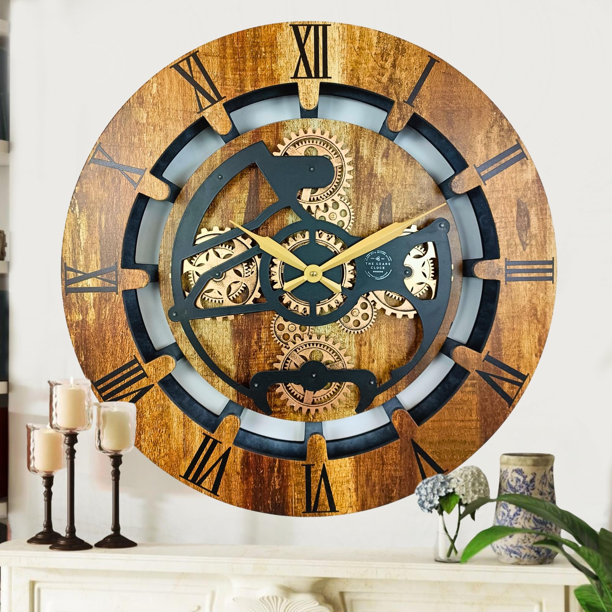 Reloj de pared THE GEARS CLOCK con engranajes móviles reales de la línea Canada de 60 cm redondo (marrón vintage, 60 cm)