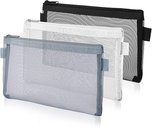THINP Estuche para lápices de 3 piezas, bolsas de maquillaje transparentes, bolsa de malla de nailon para bolígrafos con cremallera, bolsa de