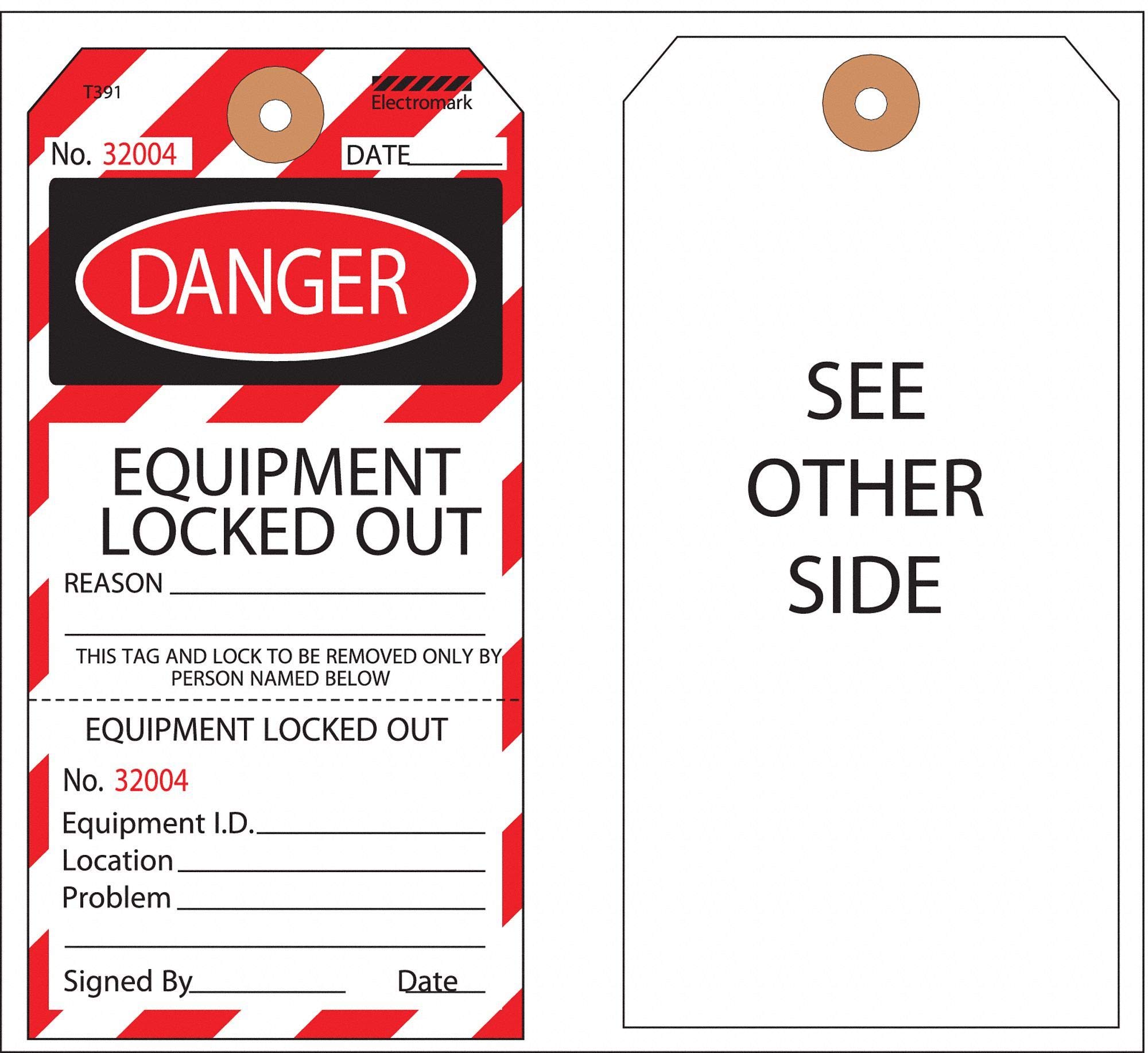 Electromark Danger Tag, Cardstock, Equipment Locked Out, 5-3/4" x 2-7/8", 100 PK - T391