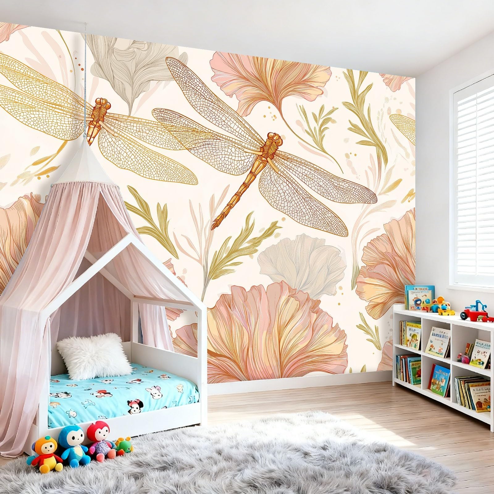 Tapeta z włókniny 350 x 256 cm, kwiatowy wzór ważki, dekoracja ścienna do głównej sypialni i salonu, kremowa