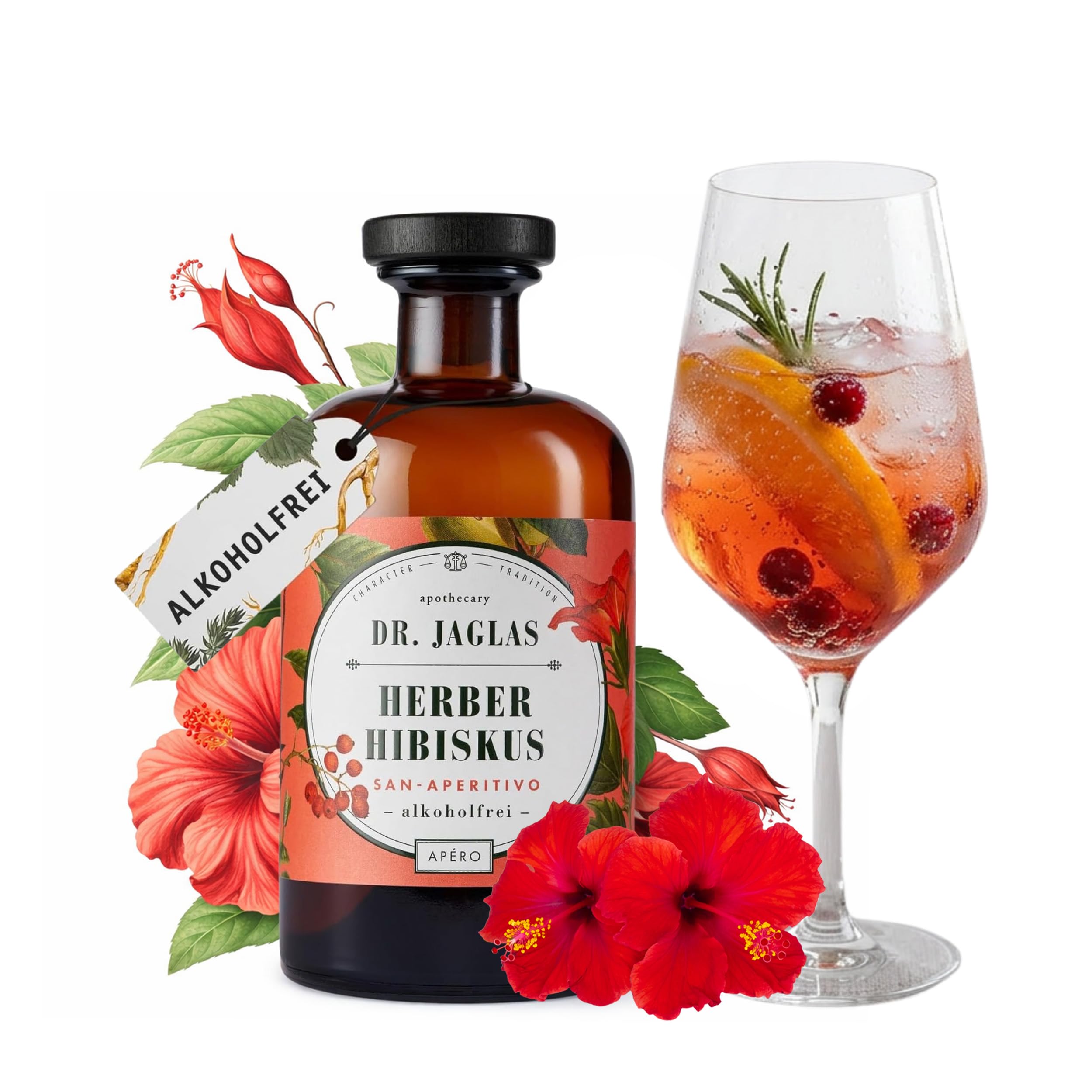 Dr. Jaglas Herber Hibiskus San Aperitivo alkoholfrei 500 ml – Bitter Aperitif mit Hibiskus & dezenter Whisky-Note – ideal für alkoholfreien Spritz & Cocktails – vegan & glutenfrei