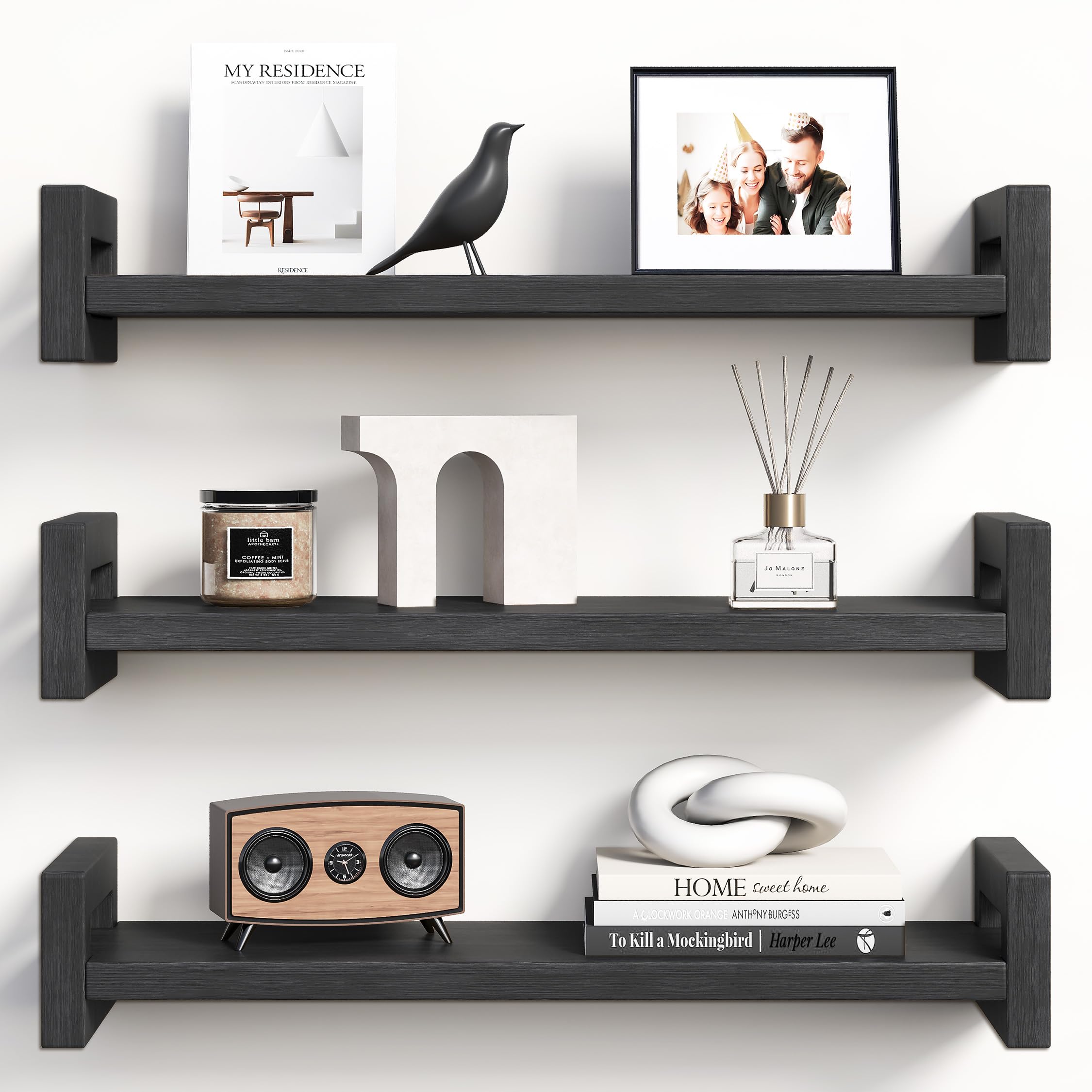 Photo 1 of Vailando Floating Shelves for Wall, Set of 3 Solid Wood Wall Mounted Shelves, 16" Black Display Shelf for Bedroom, Living Room, Bathroom, and Kitchen Decor - Heavy-Duty & Natural Pine