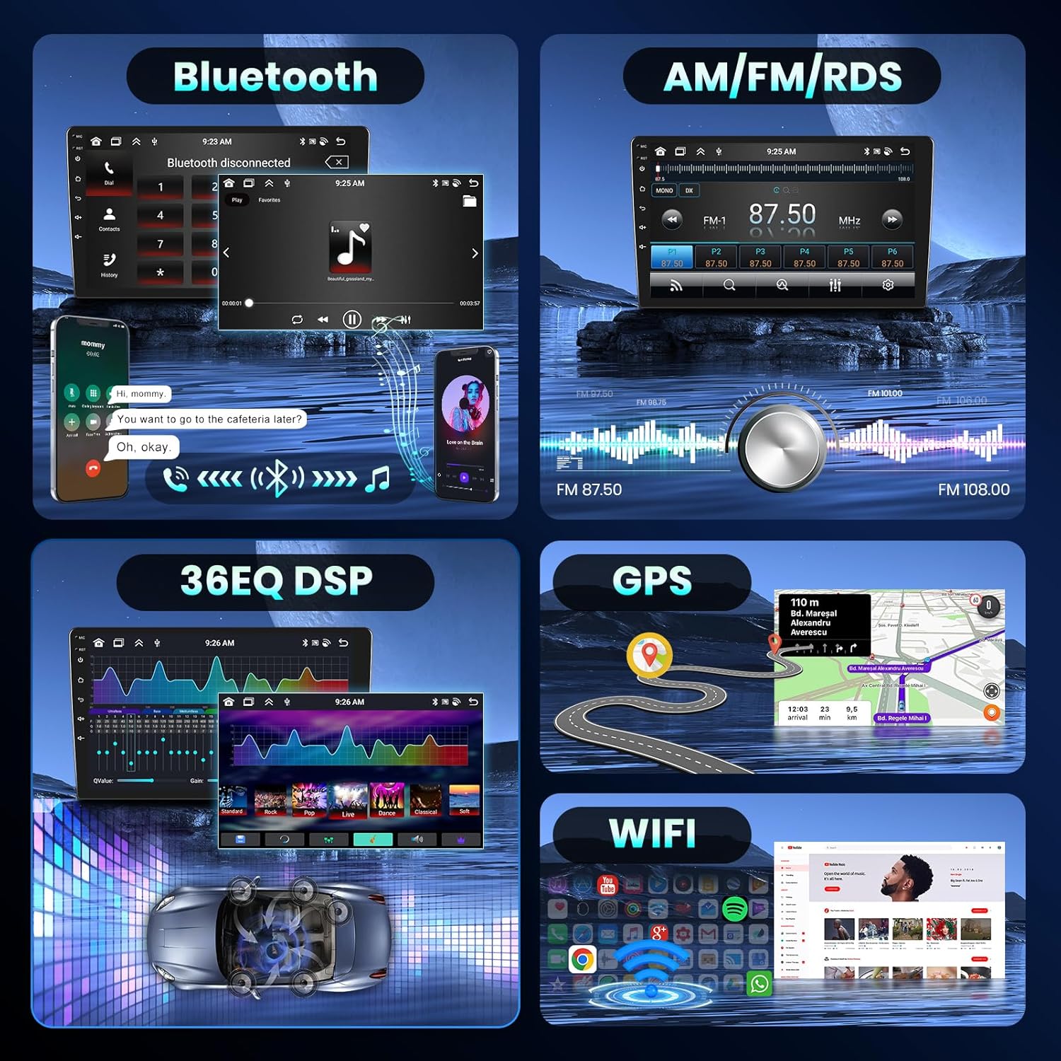 Collage of features including Bluetooth, AM/FM/RDS radio, 36-band EQ DSP, GPS navigation, and WiFi connectivity. The Bluetooth section shows a phone connected for calls and music.