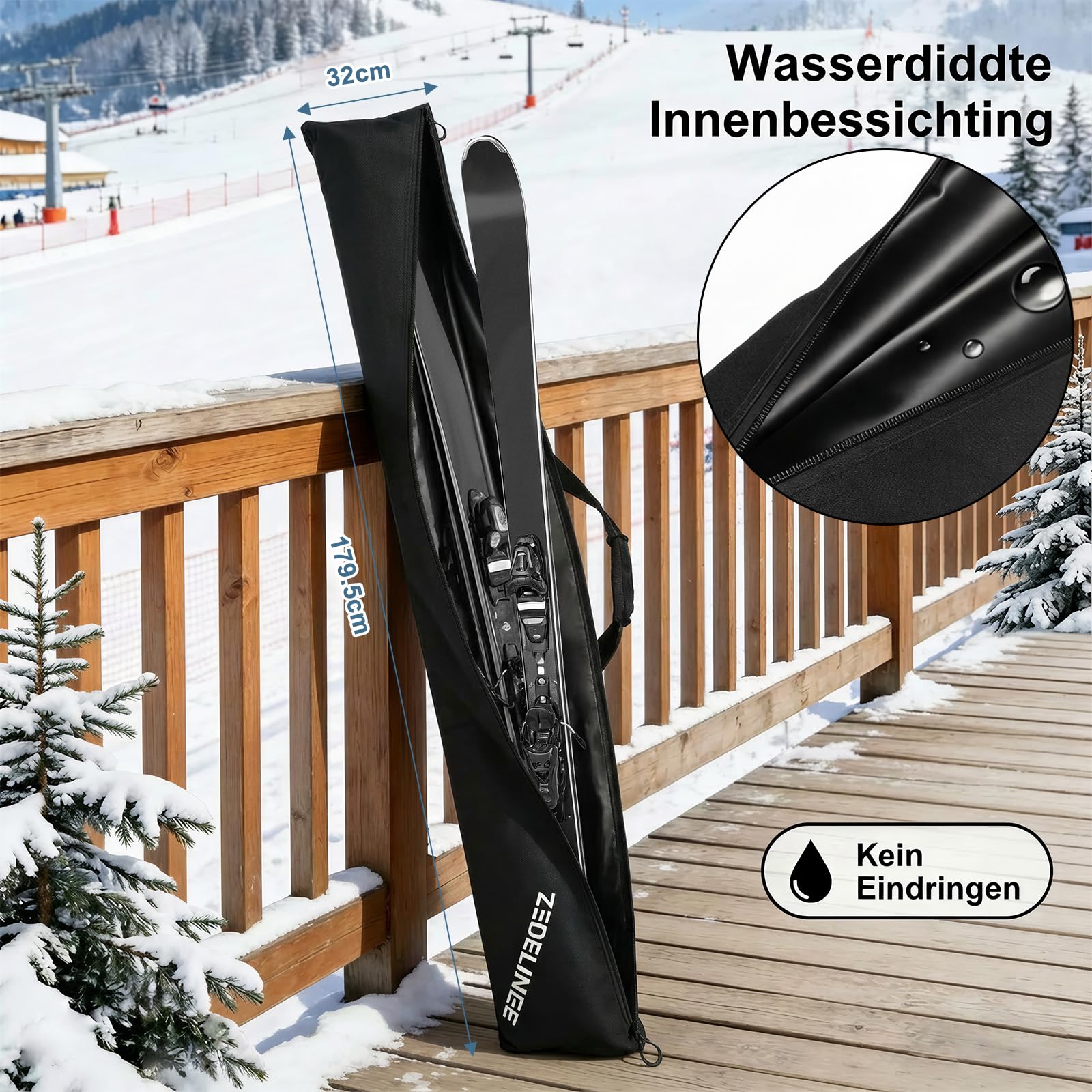 Zedelmaier Skitasche 179 cm für 1 Paar Ski Boardtasche für Skifahren wasserdichte und Robust Skisack Leichte Skireisetasche zum Transport von Skiern