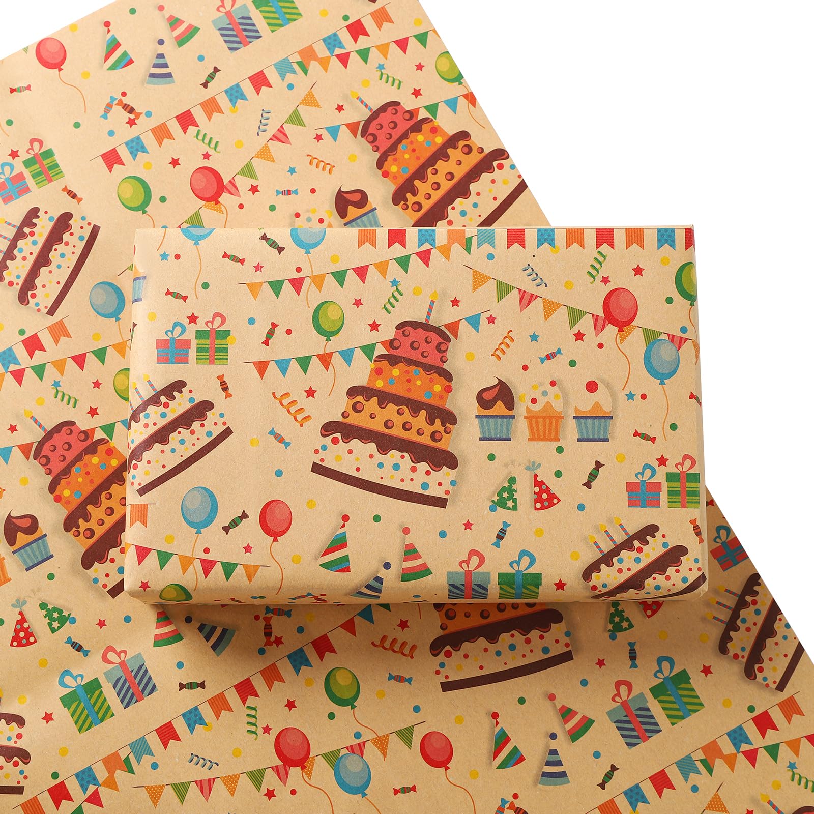 Birthday Wrapping Paper Sheets, Happy Gifts Wrapping for Men Women Girls Boys, Classic Kraft Multi-coloured Wrapping Paper for Birthday Party Baby Shower — image 1