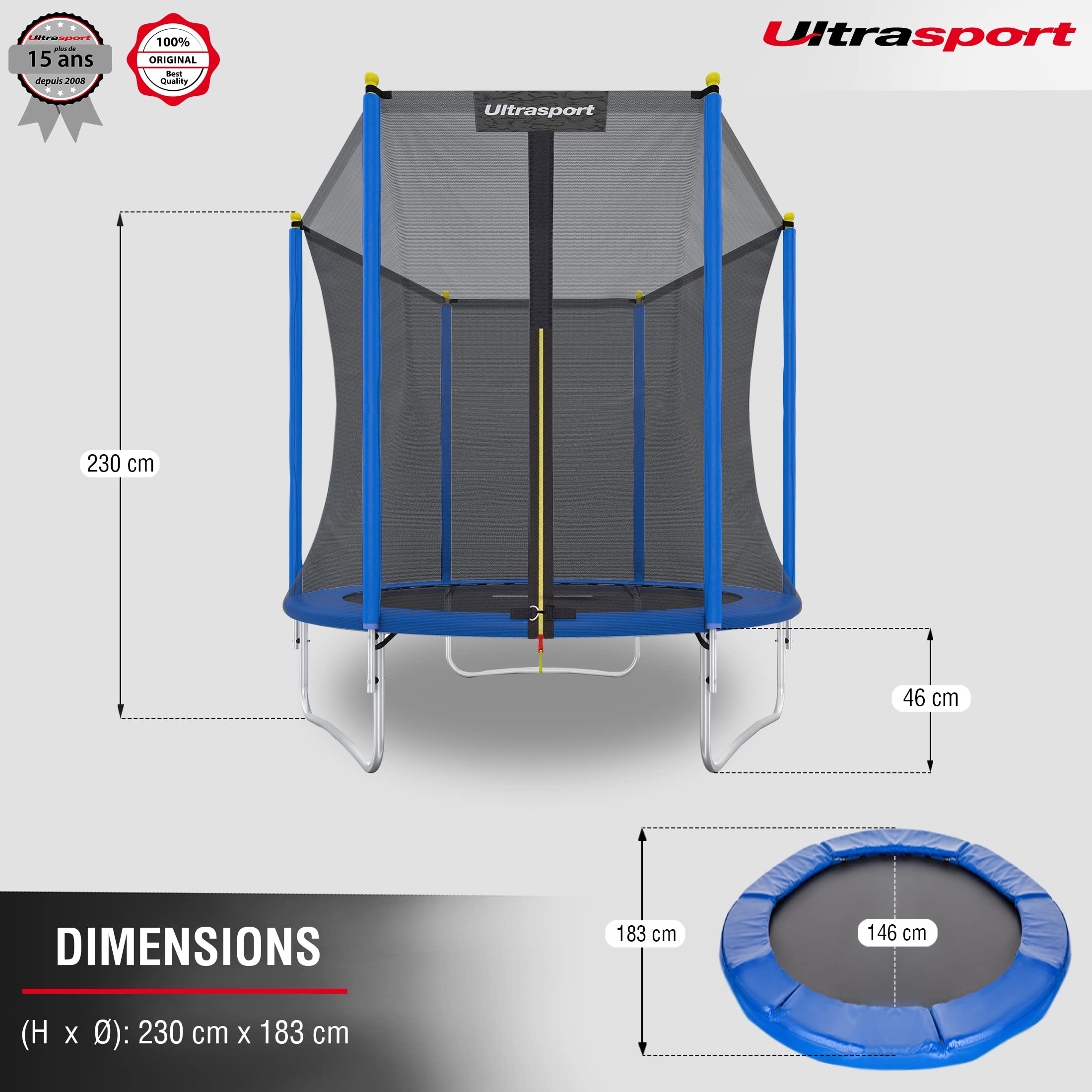 Ultrasport Uni-Jump Trampoline d'extérieur pour enfants, charge jusqu'à 150 kg, kit complet avec filet de sécurité, housse de bord et kit de montage, trampoline de sol, trampoline de jardin